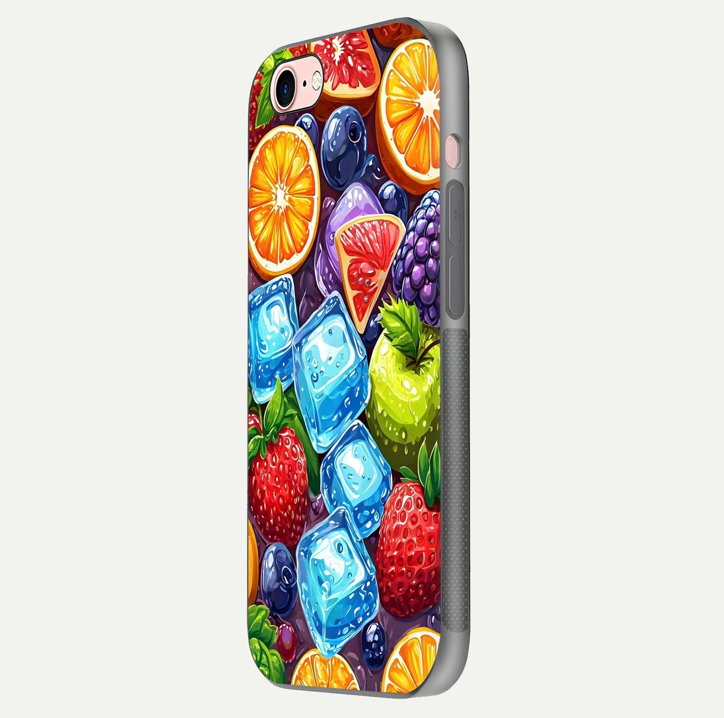 Colorful Fruits with Ice Glass Case for iPhone 6 Plus side-angle photo showing curve gloss and vivid tones