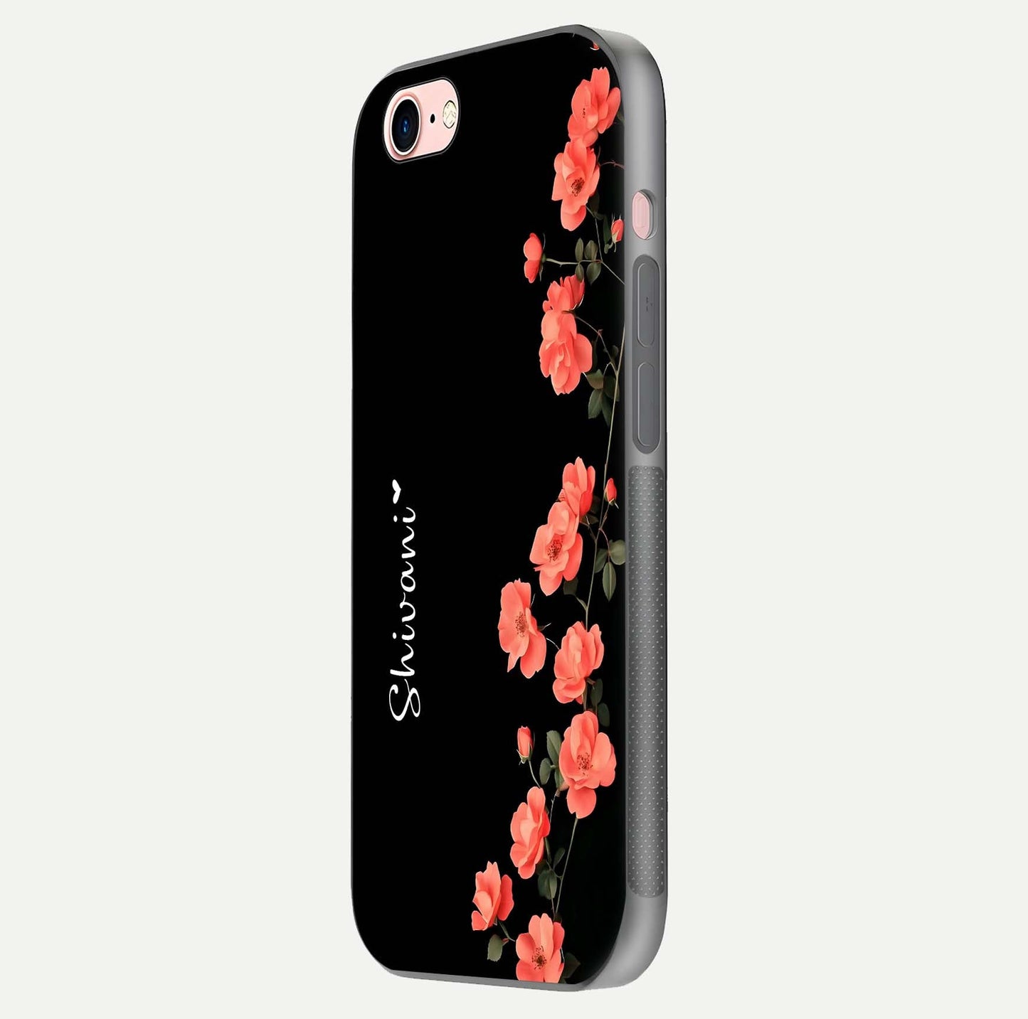 Crimson Bloom Grace Custom Name Glass Case for iPhone 6 Plus side-angle photo capturing edge glow and name clarity