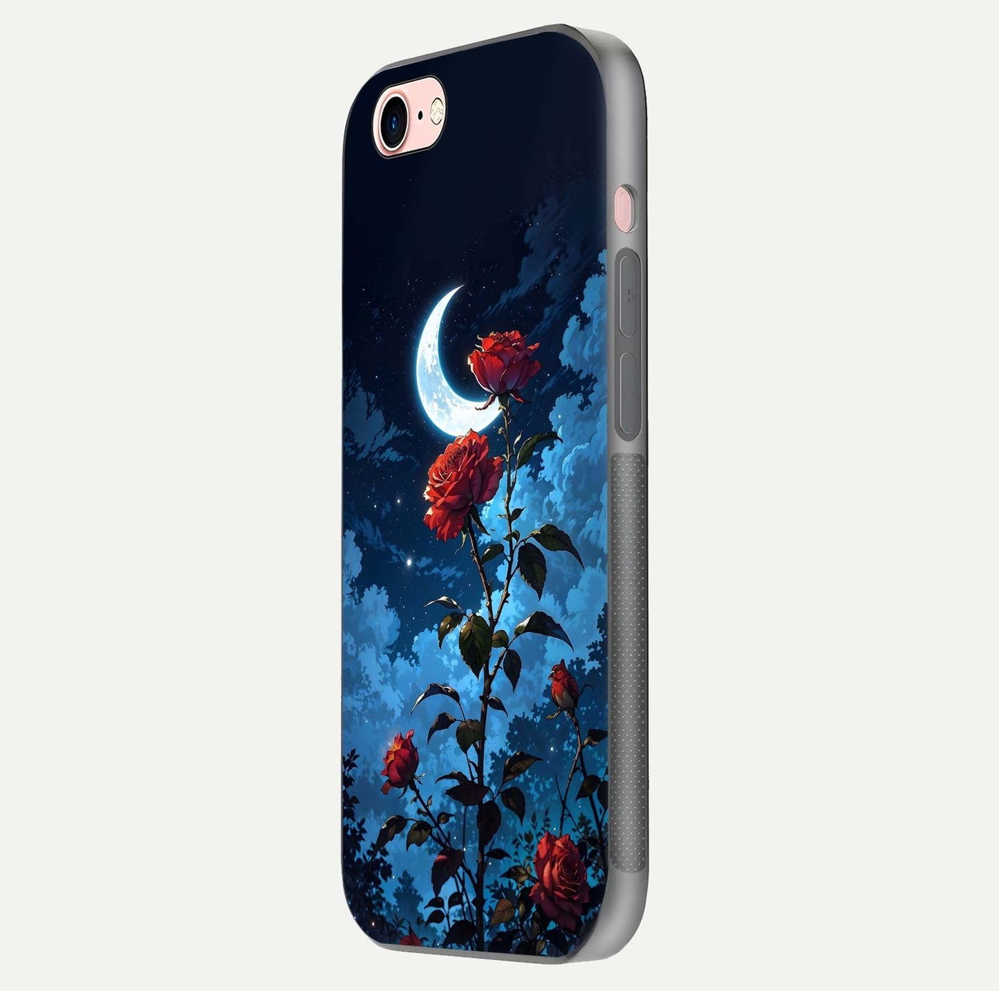 Crimson Rose Moon Glass Case for iPhone 6 Plus side-angle photo showing reflective texture and smooth curve
