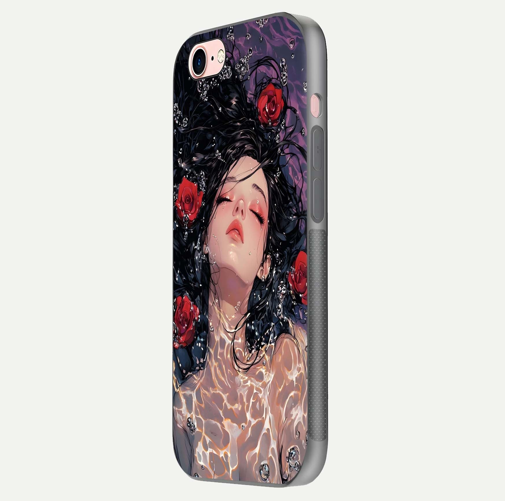 Crimson Rose Serenity Glass Case for iPhone 6 Plus side-angle photo showing glass reflection and soft edges