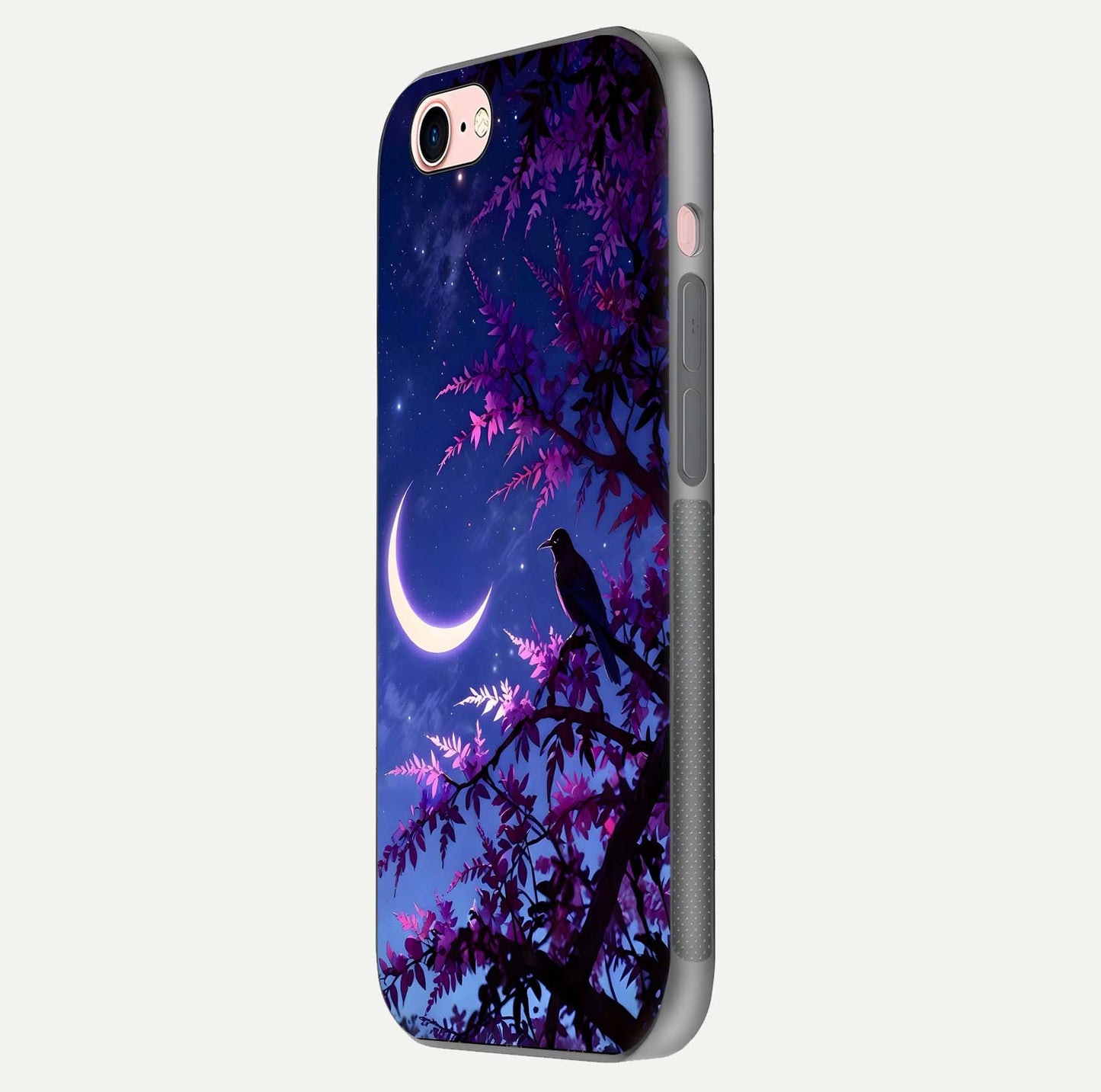 Crow & Moon Scenery Glass Case for iPhone 6 Plus side-angle photo capturing glossy shine and artistic contrast