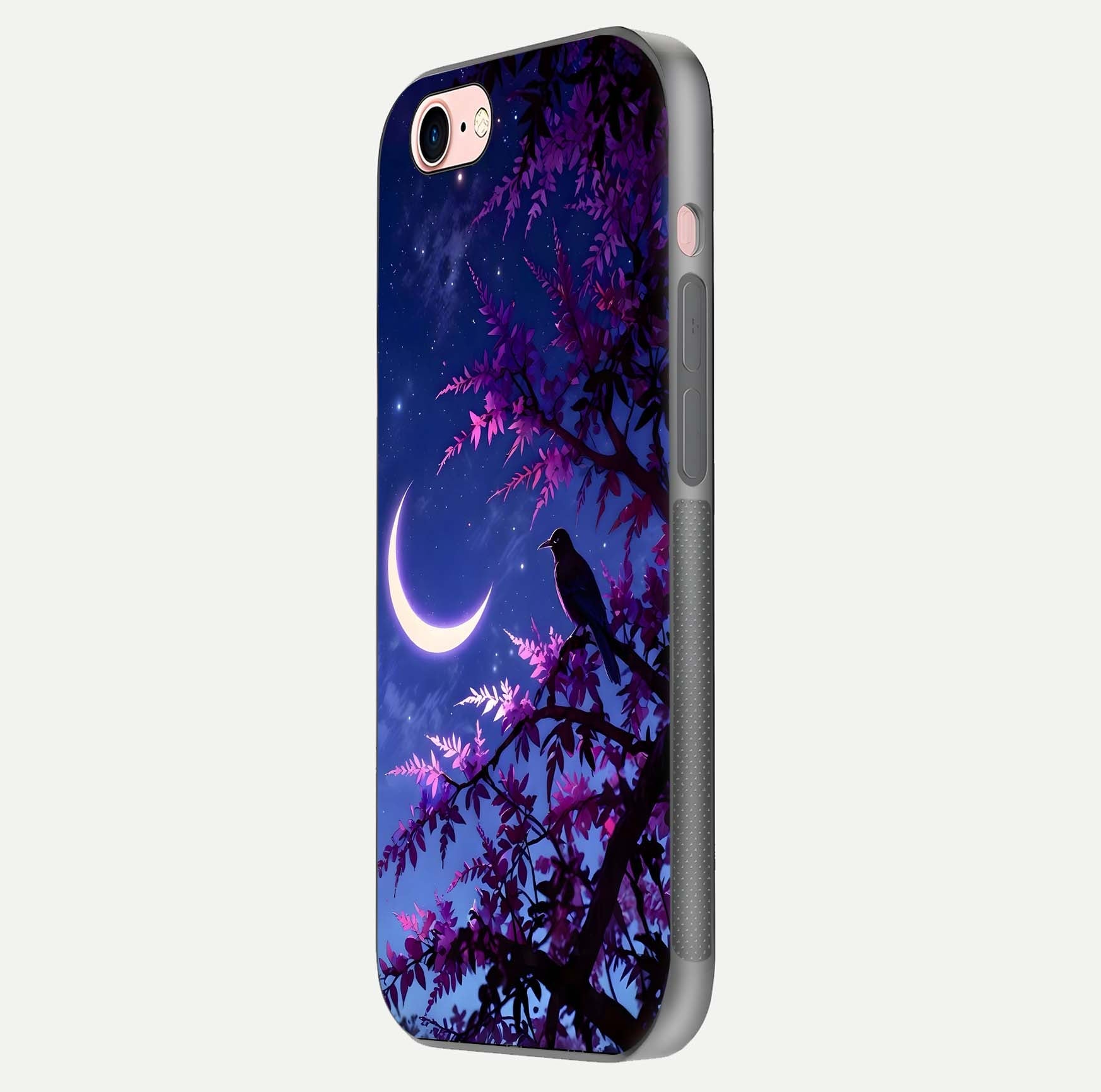Crow & Moon Scenery Glass Case for iPhone 6 Plus side-angle photo capturing glossy shine and artistic contrast
