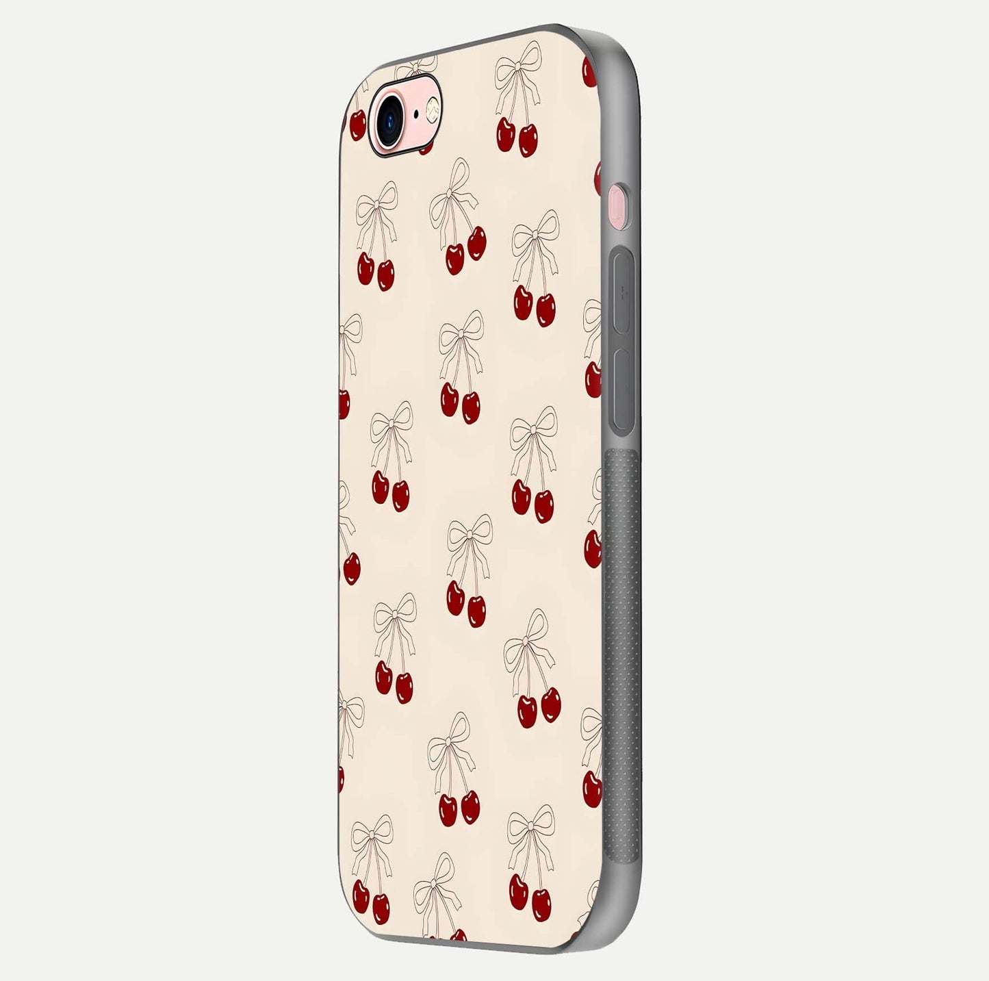 Cute Cherry Pattern Glass Case for iPhone 6 Plus side-angle photo highlighting gloss curve and pattern clarity