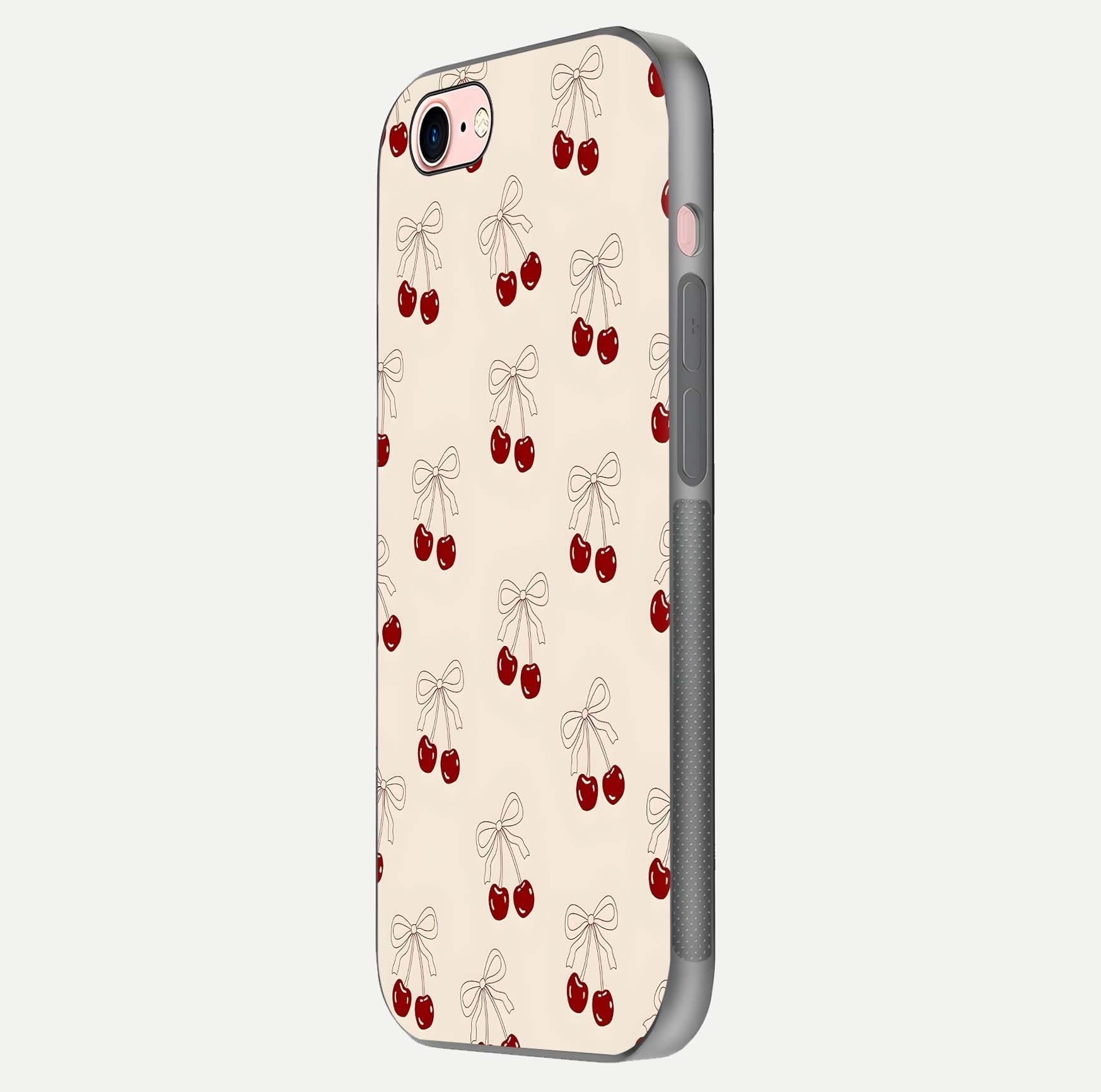 Cute Cherry Pattern Glass Case for iPhone 6 Plus side-angle photo highlighting gloss curve and pattern clarity