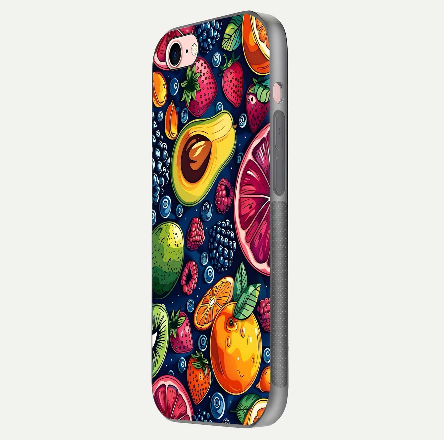 Cute Fruits Art Glass Case for iPhone 6 Plus side-angle photo showing reflective finish and smooth edges