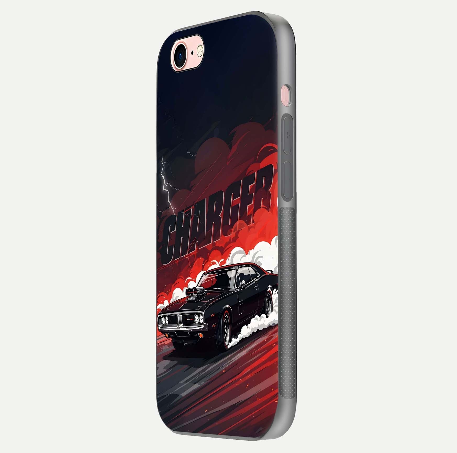 Dark Charger Fury Glass Case for iPhone 6 Plus side-angle image showing edge gloss and bold tone