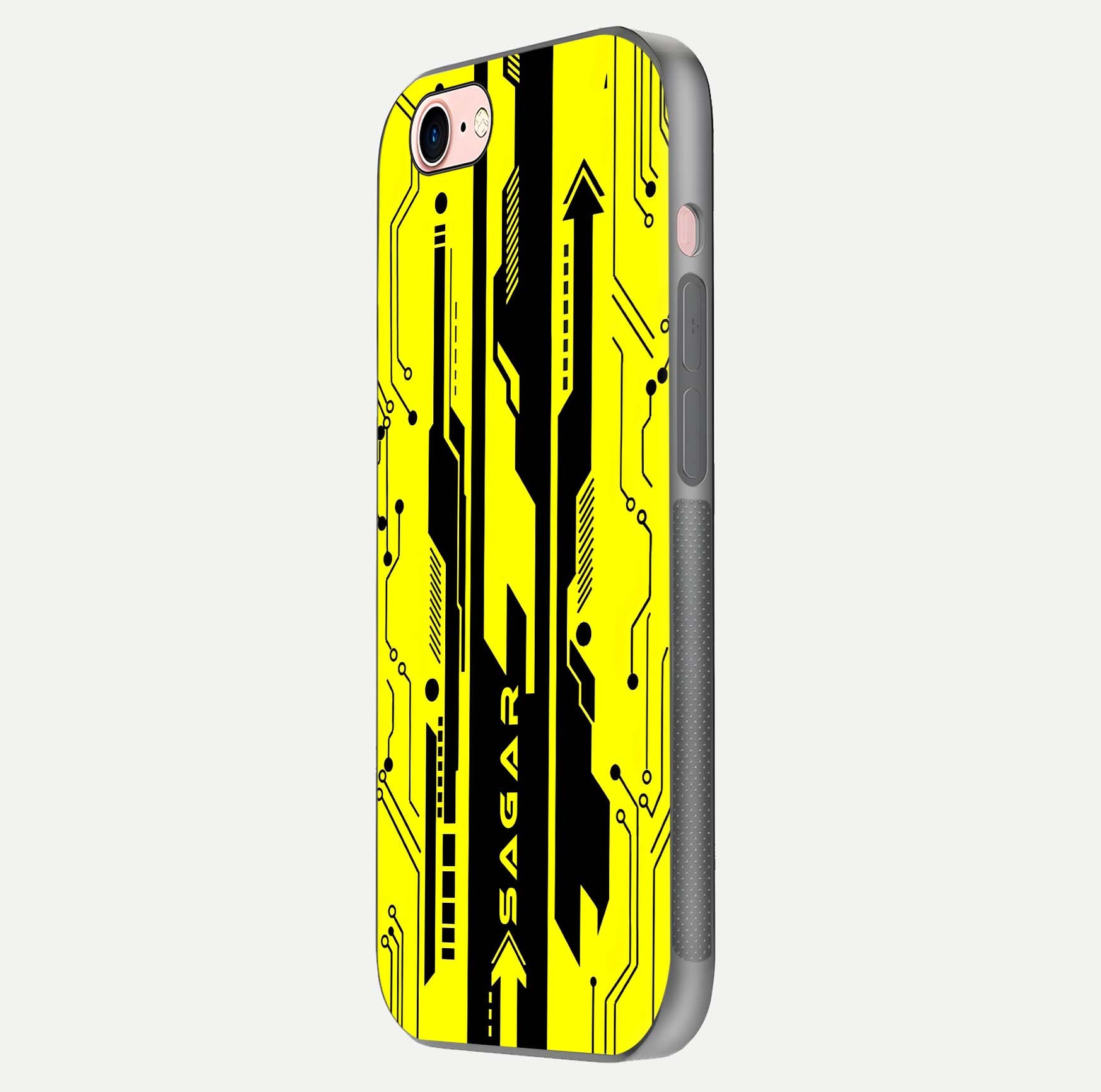 Electric Pulse CYBERPUNK Custom Name Glass Case for iPhone 6 Plus side-angle image showing glossy reflection and edge illumination
