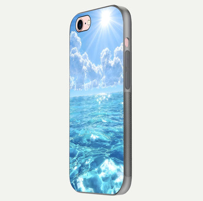 Endless Ocean Horizon Glass Case for iPhone 6 Plus side-angle photo showing reflection glow and wave tone