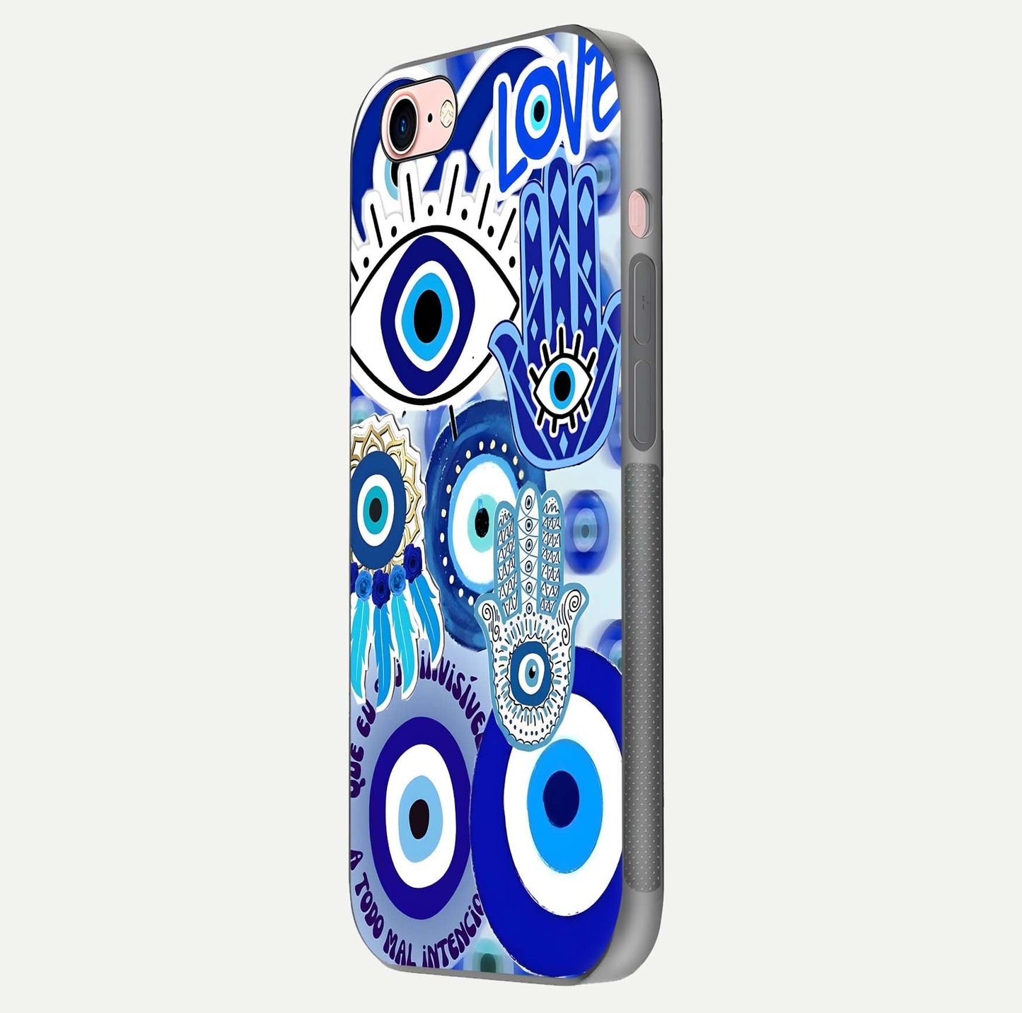 Evil Eyes Dream Glass Case for iPhone 6 Plus side-angle photo capturing smooth edges and reflective texture