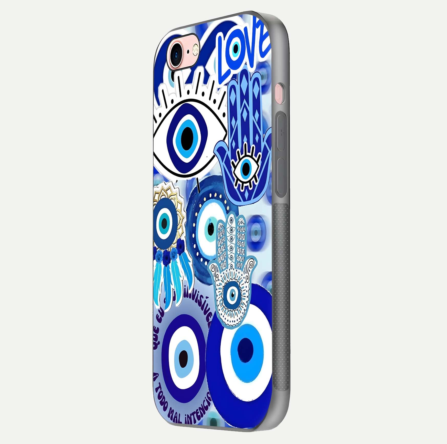 Evil Eyes Dream Glass Case for iPhone 6 Plus side-angle photo capturing smooth edges and reflective texture
