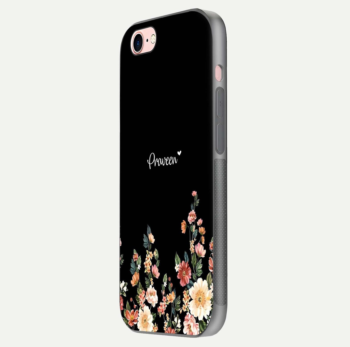 Floral Design Personalized Custom Name Glass Case for iPhone 6 Plus side-angle image showing name alignment and gloss shine