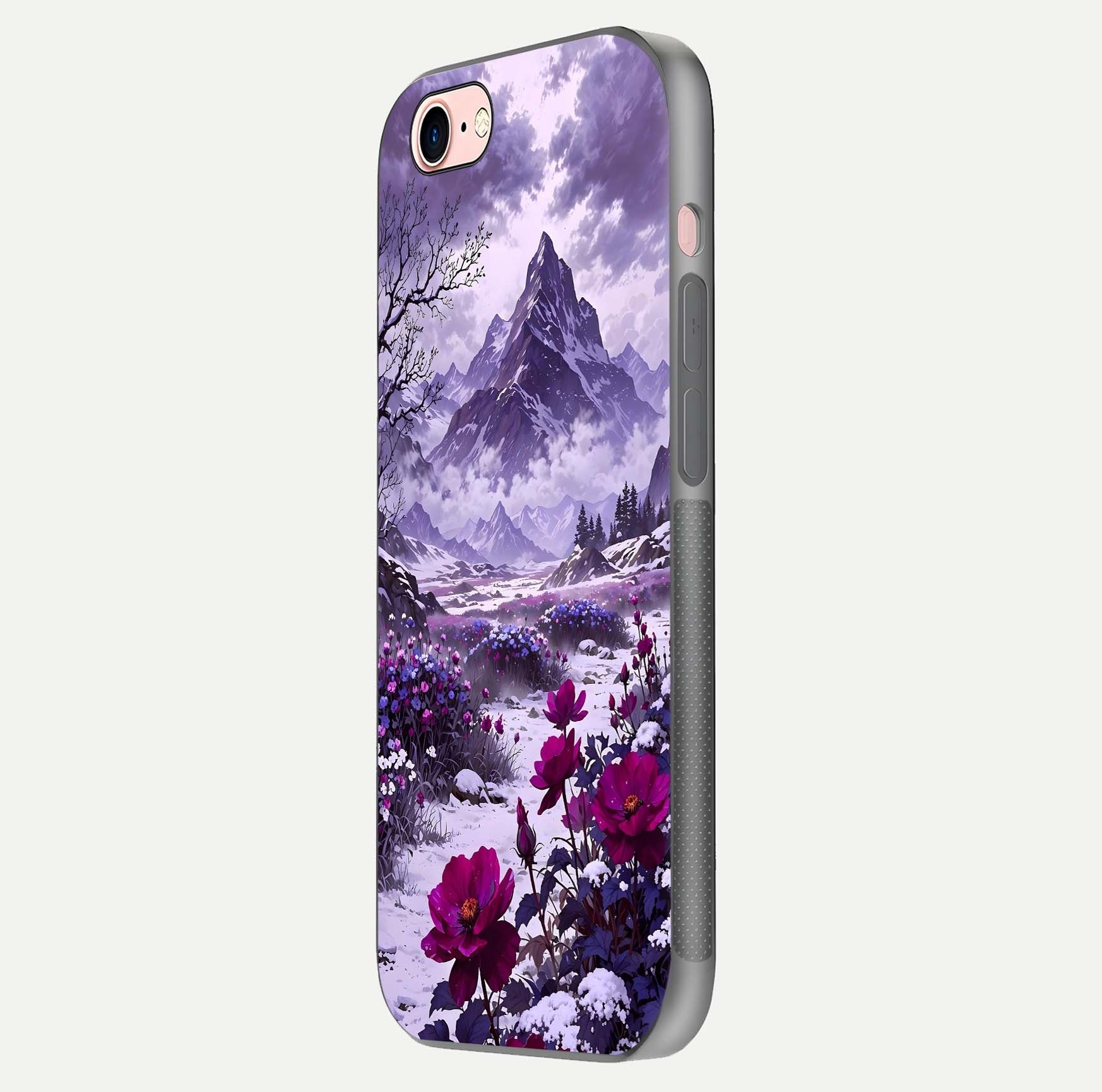 Flower Mountain View Glass Case for iPhone 6 Plus side-angle image showing gloss polish and smooth edge