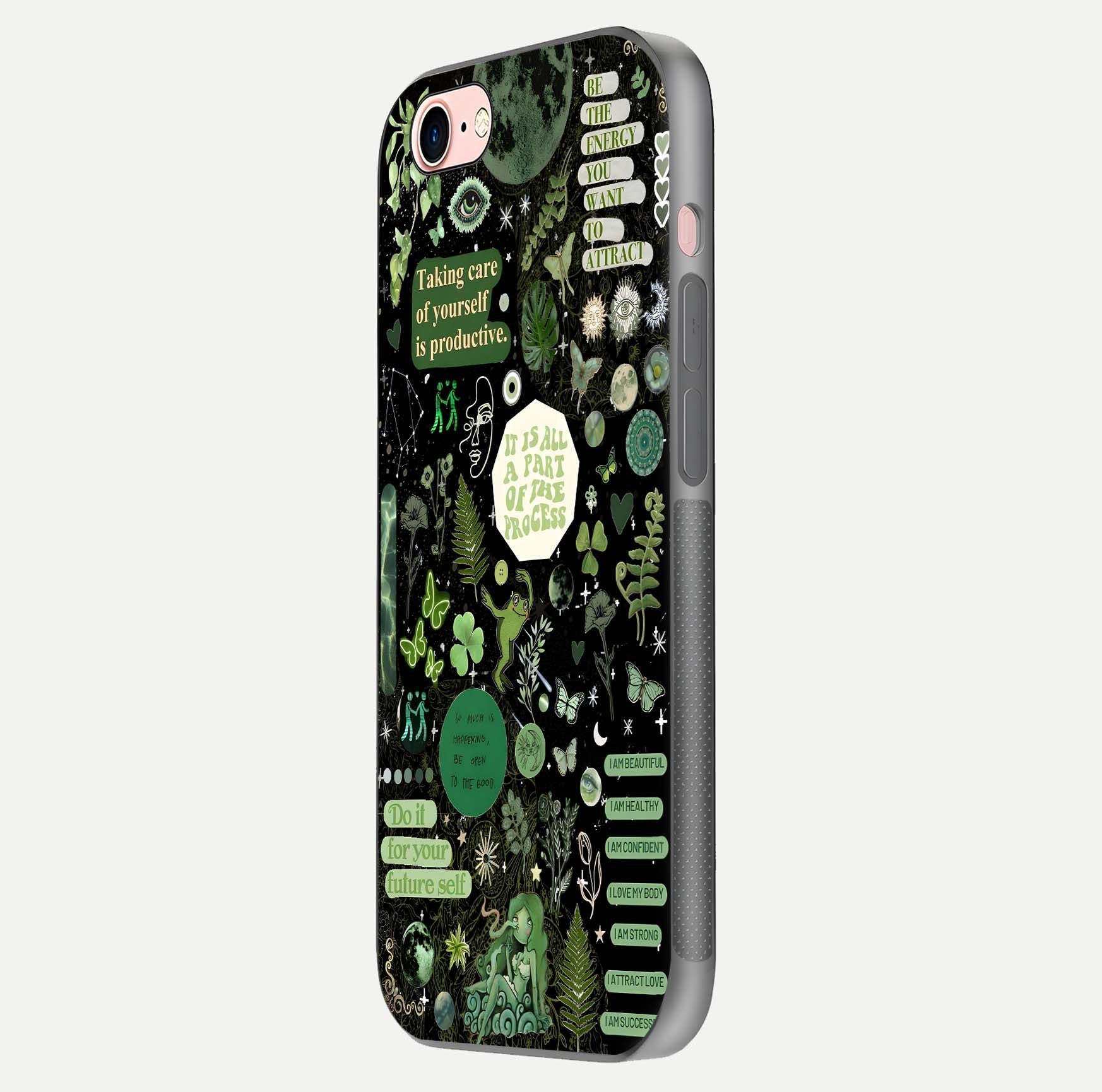Green Moon Energy Glass Case for iPhone 6 Plus side-angle image showing reflection brilliance and curved finish