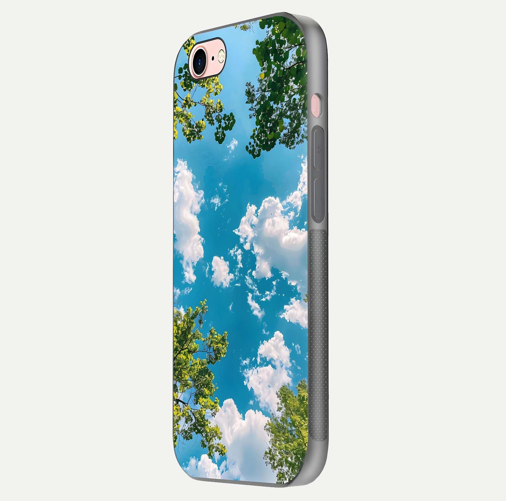 Greenery Sky Glass Case for iPhone 6 Plus side-angle image showing reflection glow and nature-themed pattern