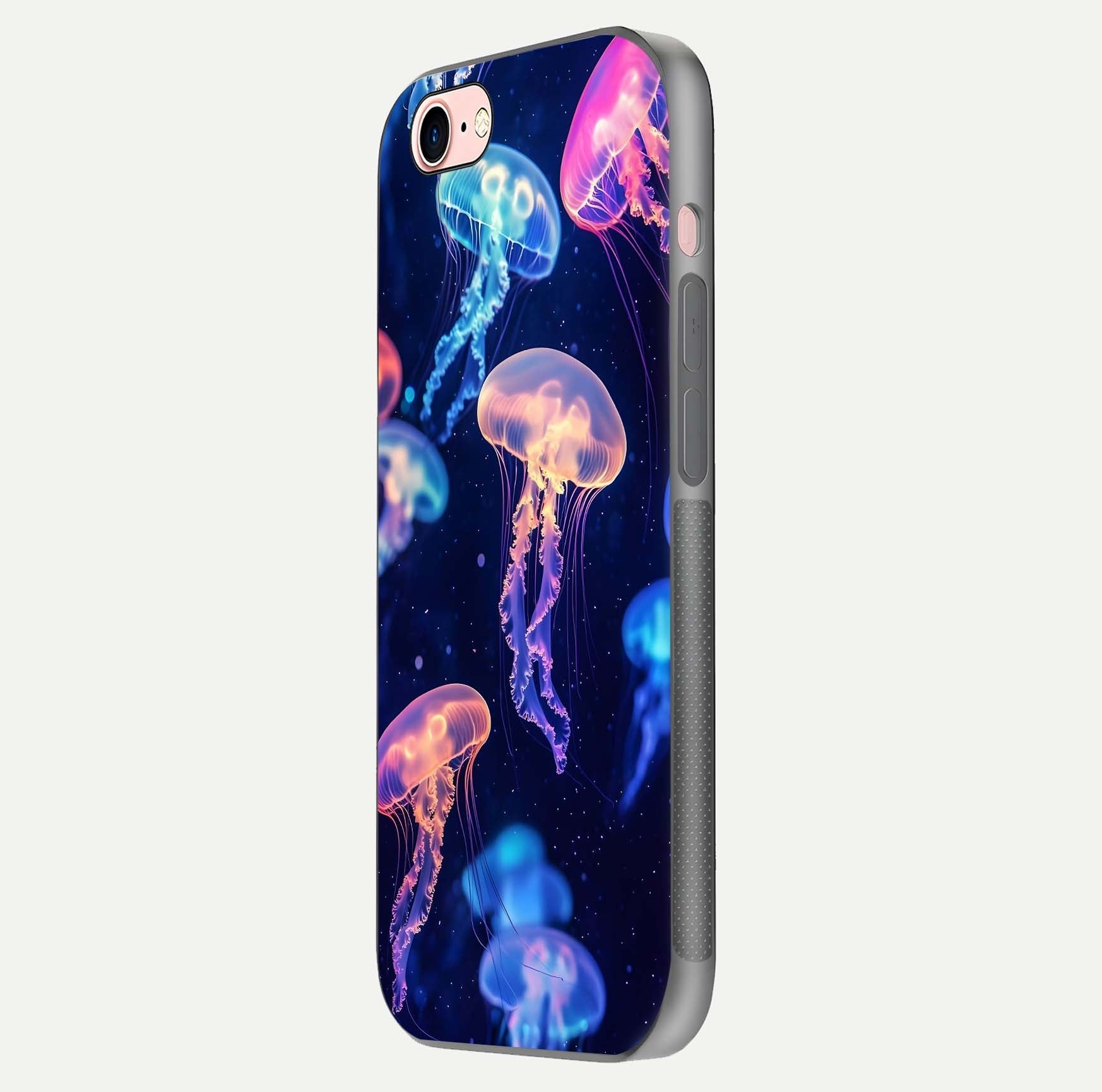 Jellyfish Pattern Glass Case for iPhone 6 Plus side-angle image showing reflection glow and soft water-blue gradient