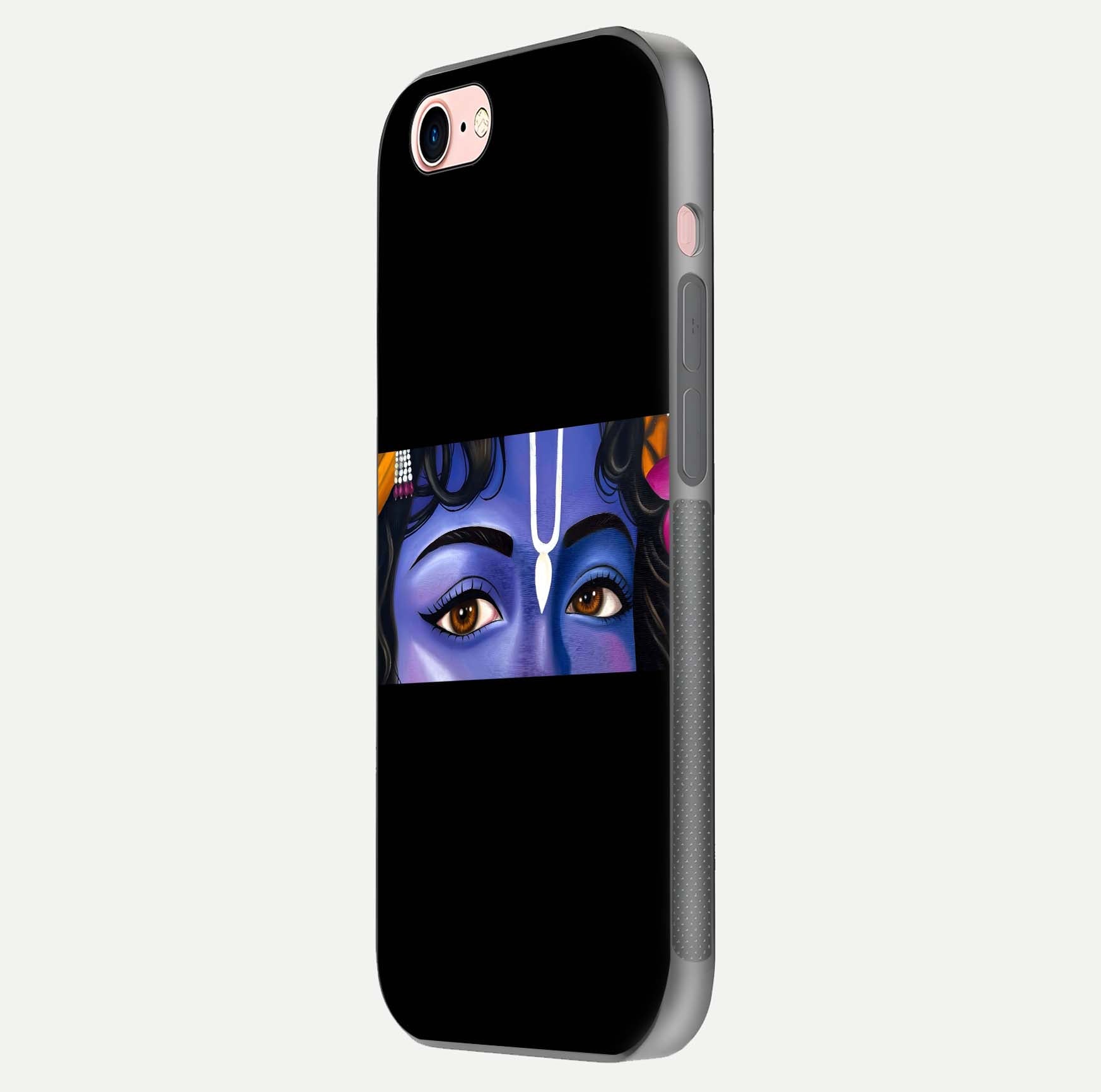 Krishna Eye Glass Case for iPhone 6 Plus side-angle image showing reflection clarity and Krishna symbol design