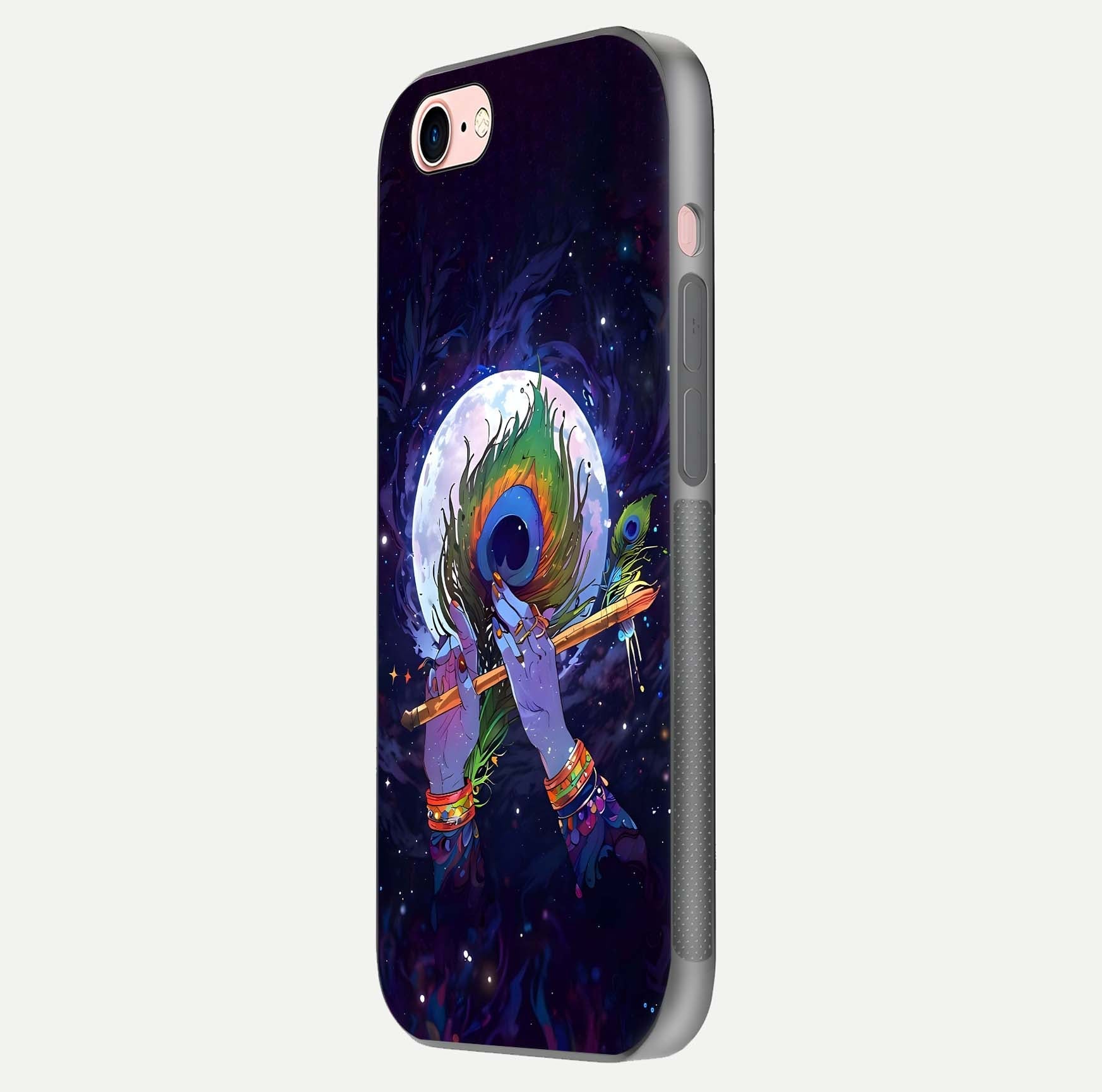Krishna Hands Art Glass Case for iPhone 6 Plus side-angle image highlighting reflection brightness and vivid print
