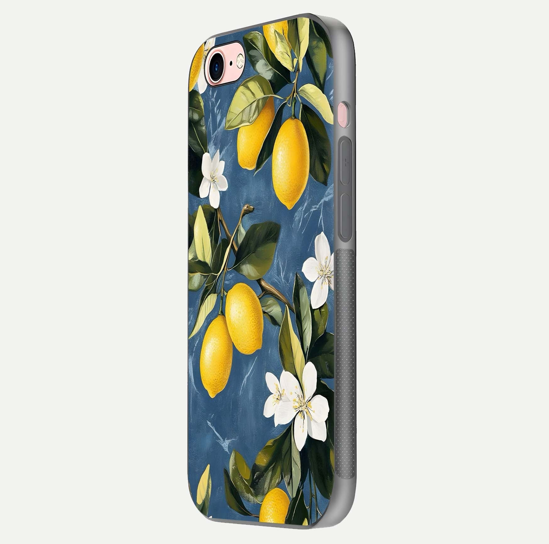 Lemon Dream Garden Glass Case for iPhone 6 Plus side-angle image showing reflection clarity and artistic fruit design