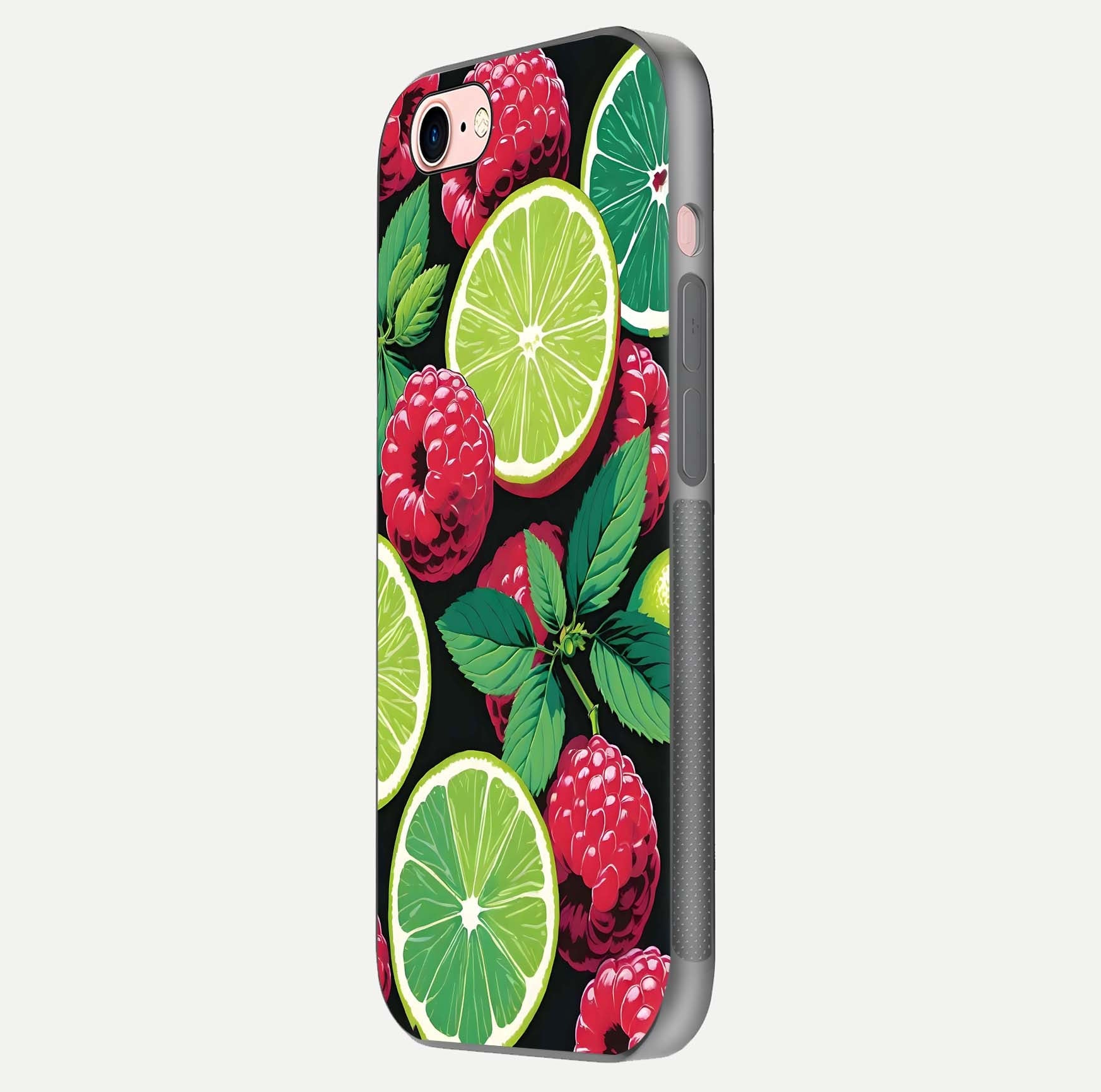 Lime and Raspberry Pattern Glass Case for iPhone 6 Plus side-angle view revealing colorful fruit artwork details