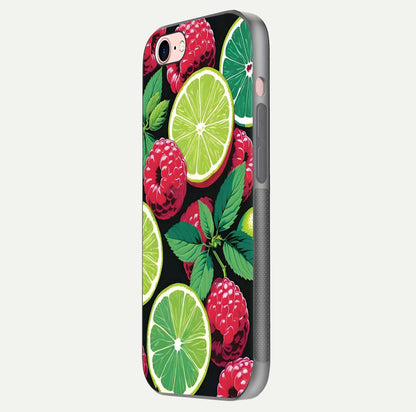Lime and Raspberry Pattern Glass Case for iPhone 6 Plus side-angle view revealing colorful fruit artwork details