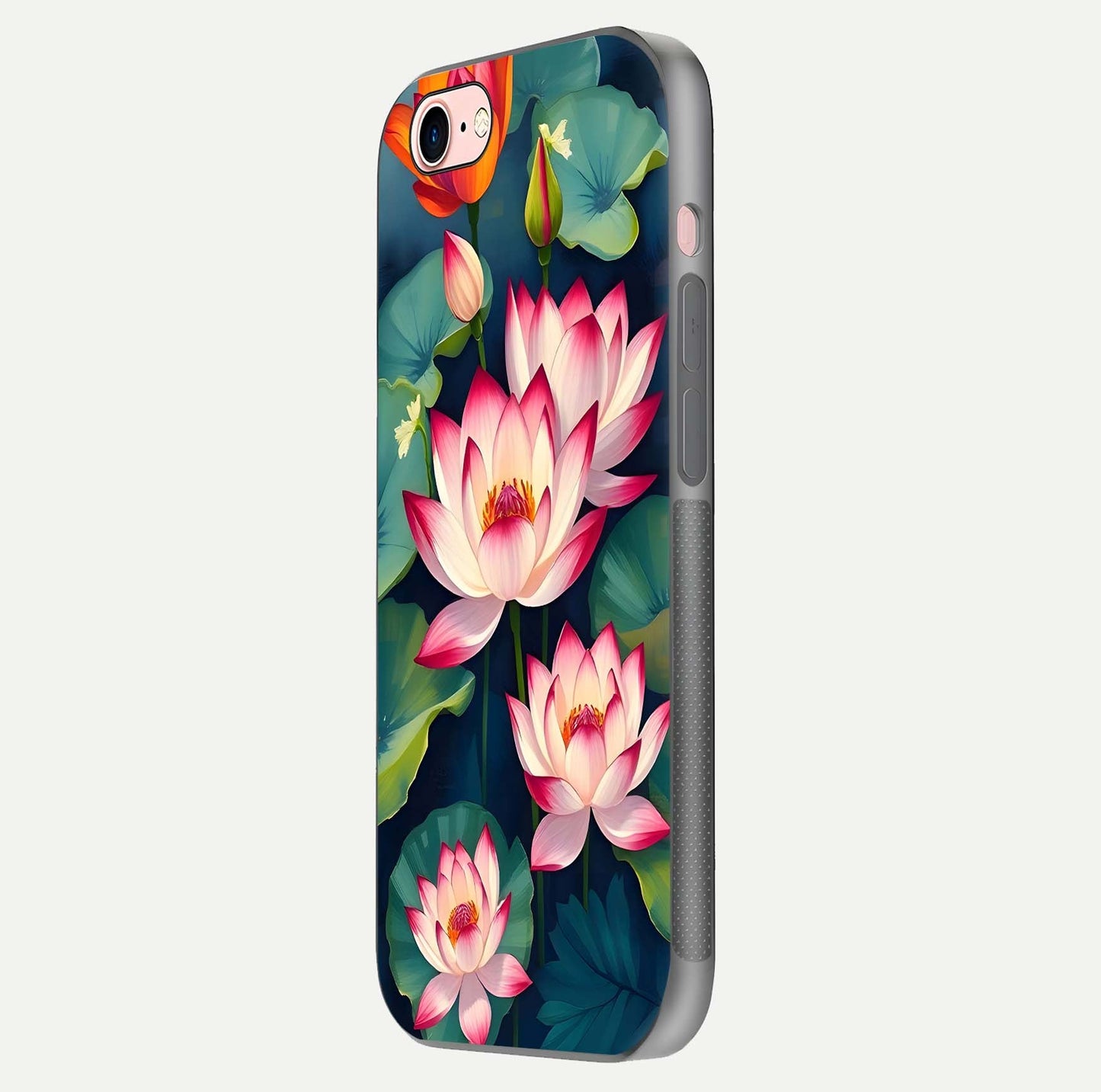 Lotus Dream Serenity Glass Case for iPhone 6 Plus side-angle image revealing reflection clarity and calm tones