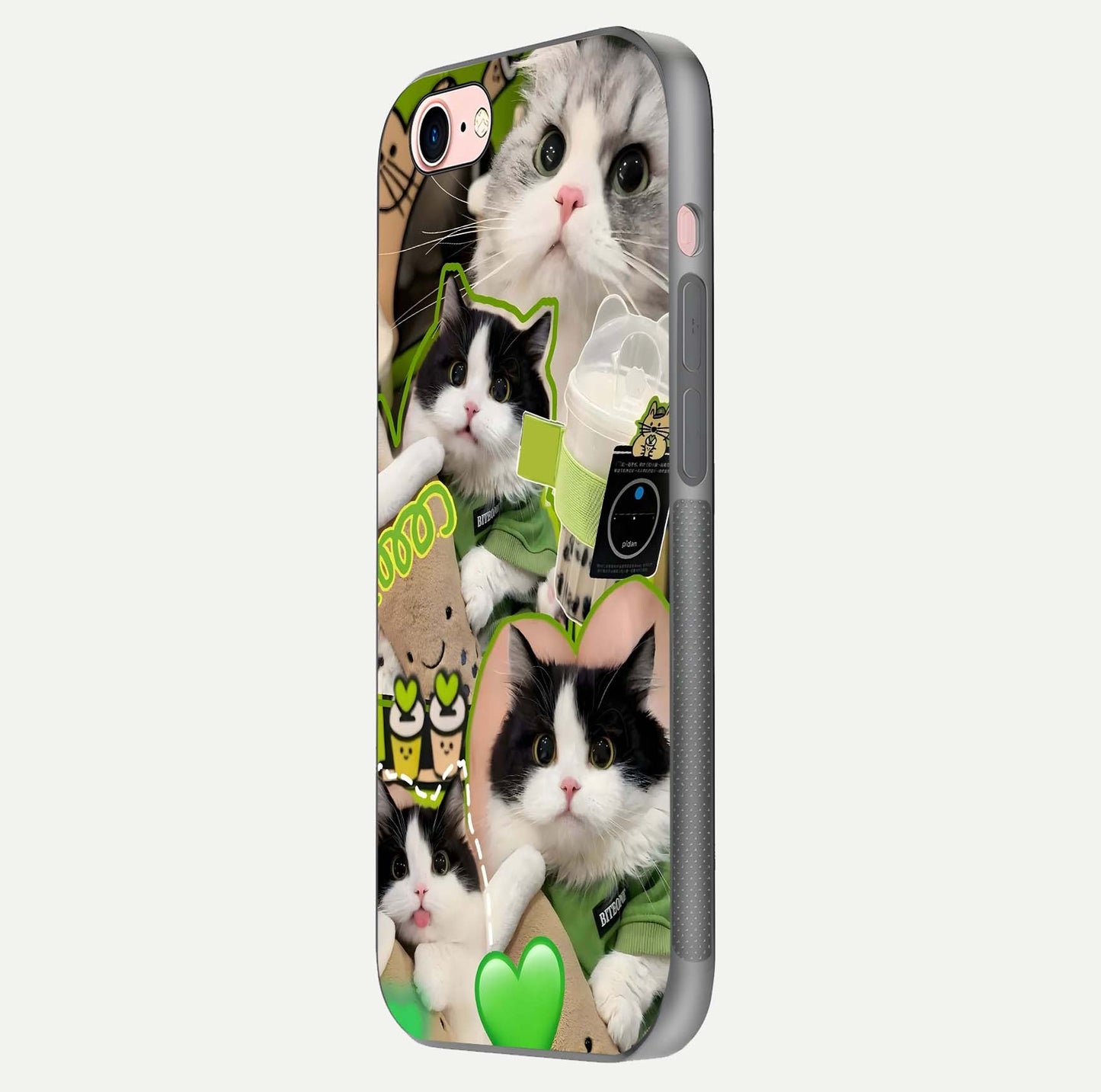 Matcha Cats Mood Glass Case for iPhone 6 Plus side-angle image showing shine clarity and cat pattern charm