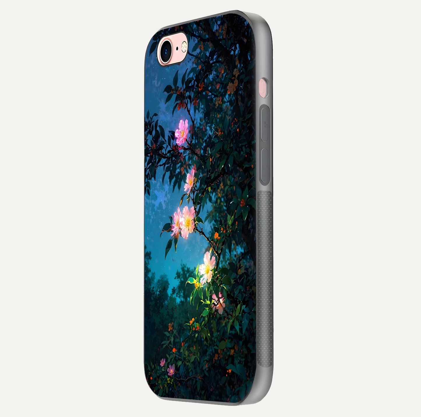Midnight Bloom Glow Glass Case for iPhone 6 Plus side-angle image revealing reflection and deep midnight hues