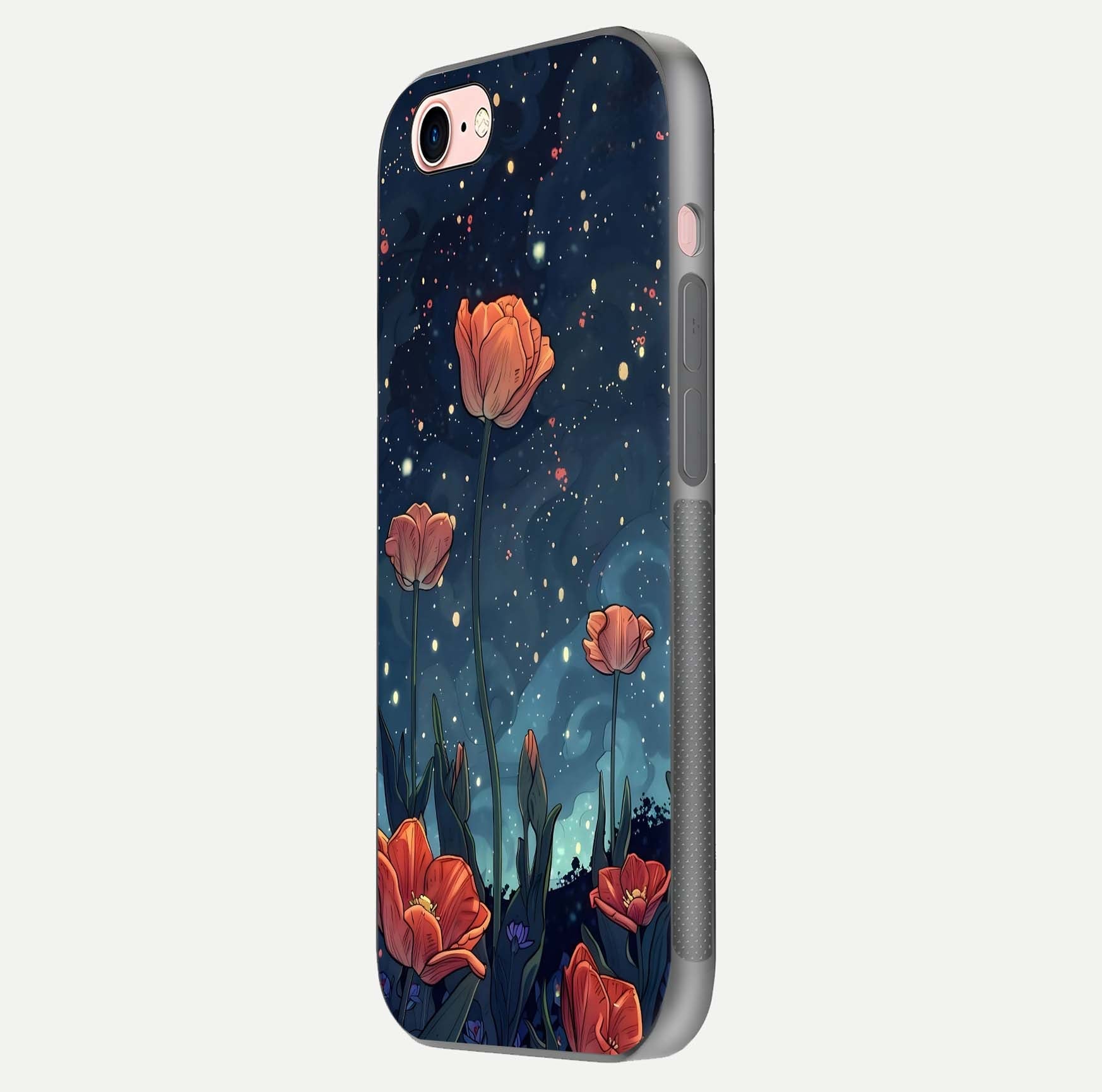 Midnight Tulip Glow Glass Case for iPhone 6 Plus side-angle image showing shine depth and flower artwork