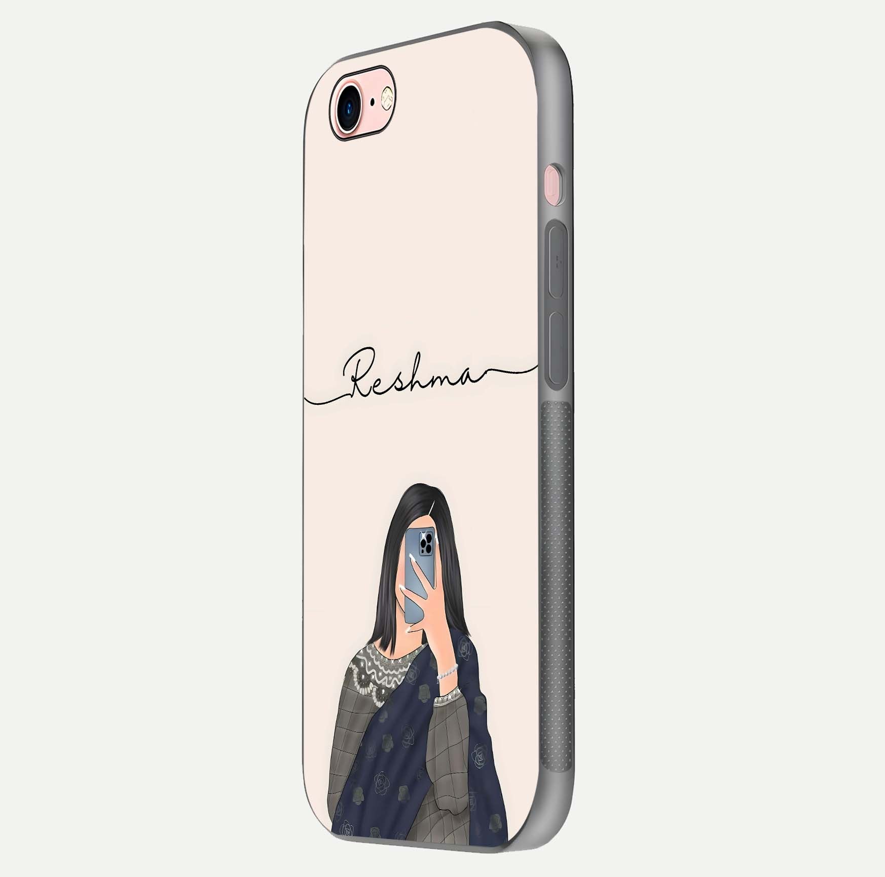 Mirror Mood Muse Custom Name Glass Case for iPhone 6 Plus side-angle image emphasizing glossy mirror texture