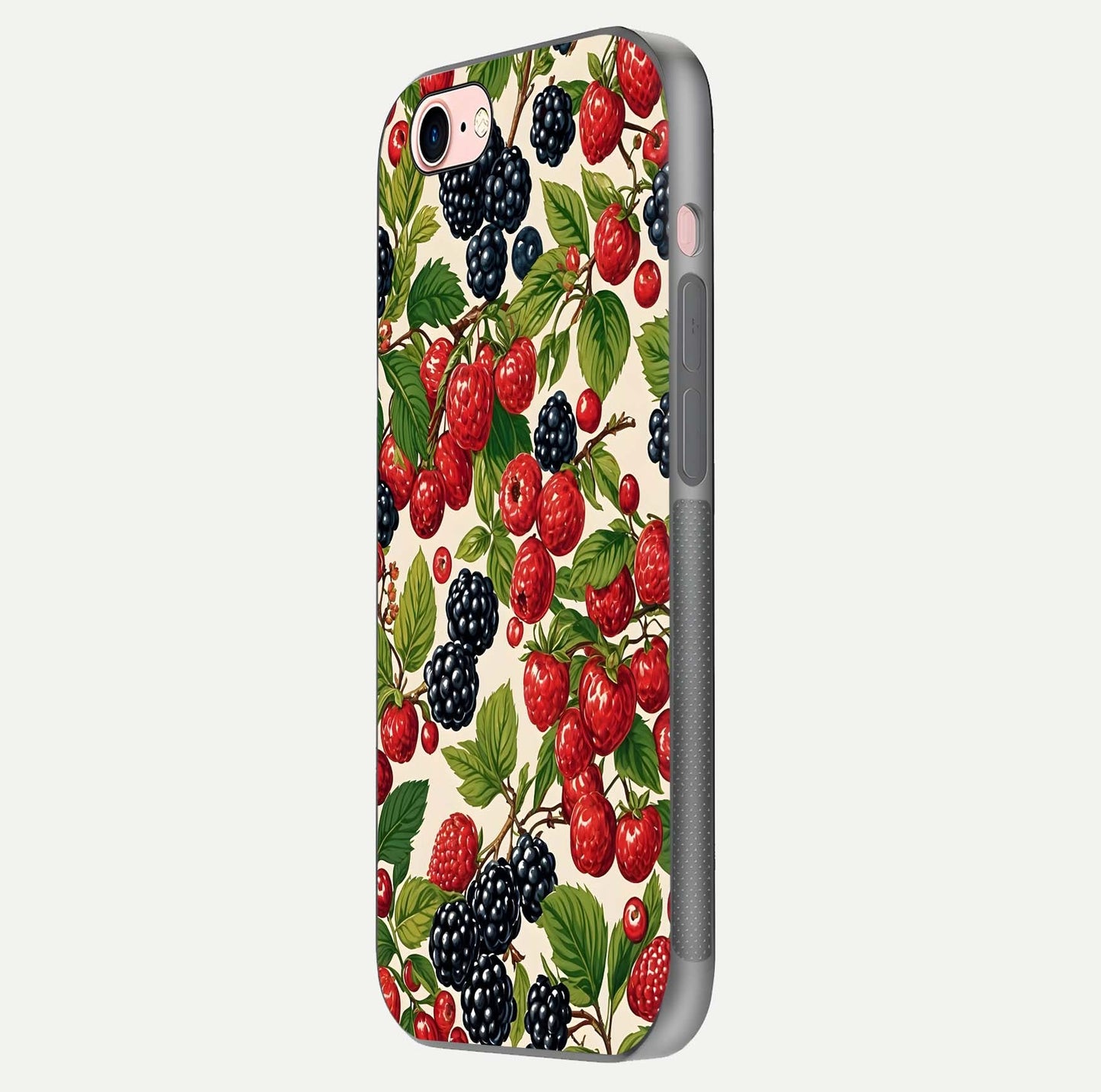 Mixed Berry Collage Glass Case for iPhone 6 Plus side-angle image showing reflection and HD fruit texture