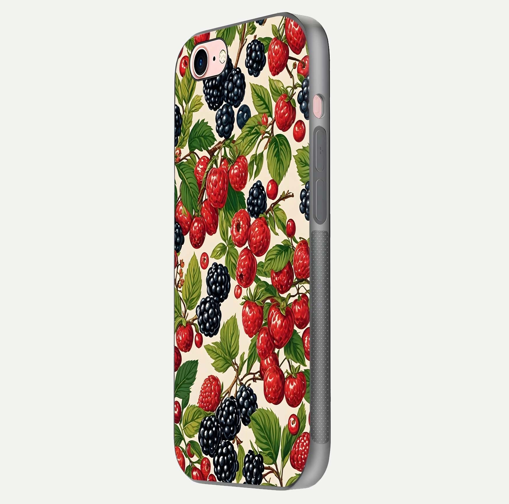 Mixed Berry Collage Glass Case for iPhone 6 Plus side-angle image showing reflection and HD fruit texture