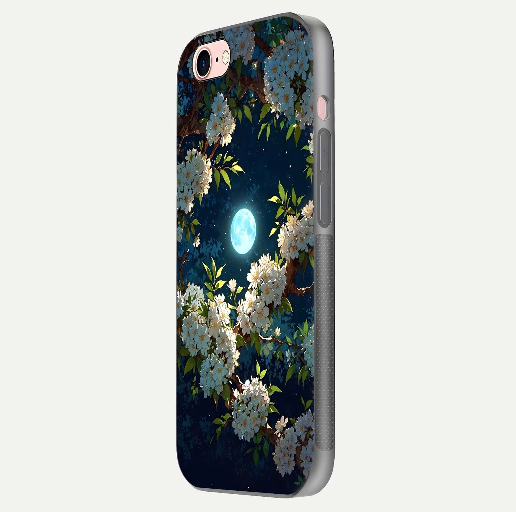 Moonlit Blossom Dream Glass Case for iPhone 6 Plus side-angle image showing shine depth and flower glow