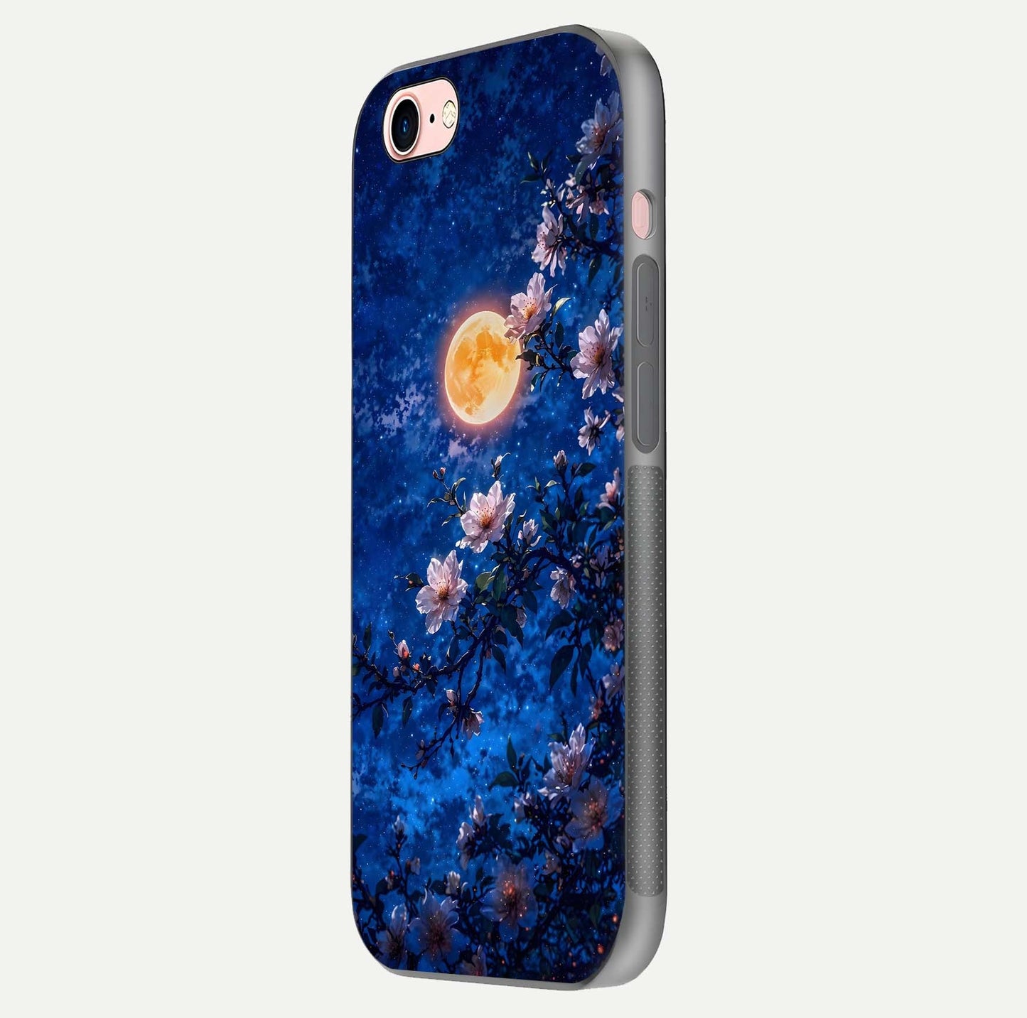 Moonlit Blossoms Night Glass Case for iPhone 6 Plus side-angle image revealing shine and night bloom texture