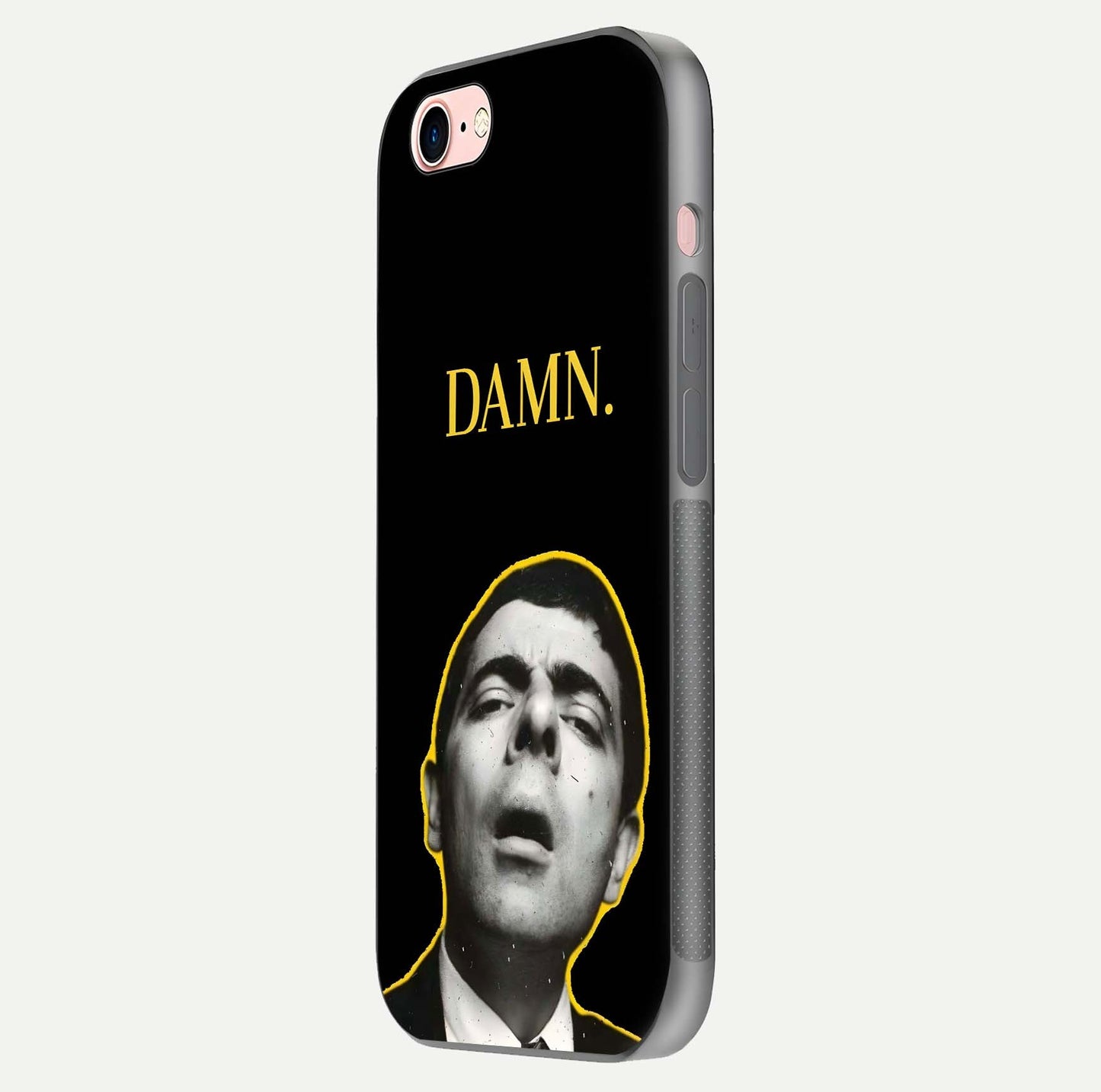 Mr Bean Damn Glass Case for iPhone 6 Plus side-angle image emphasizing HD print clarity and playful theme