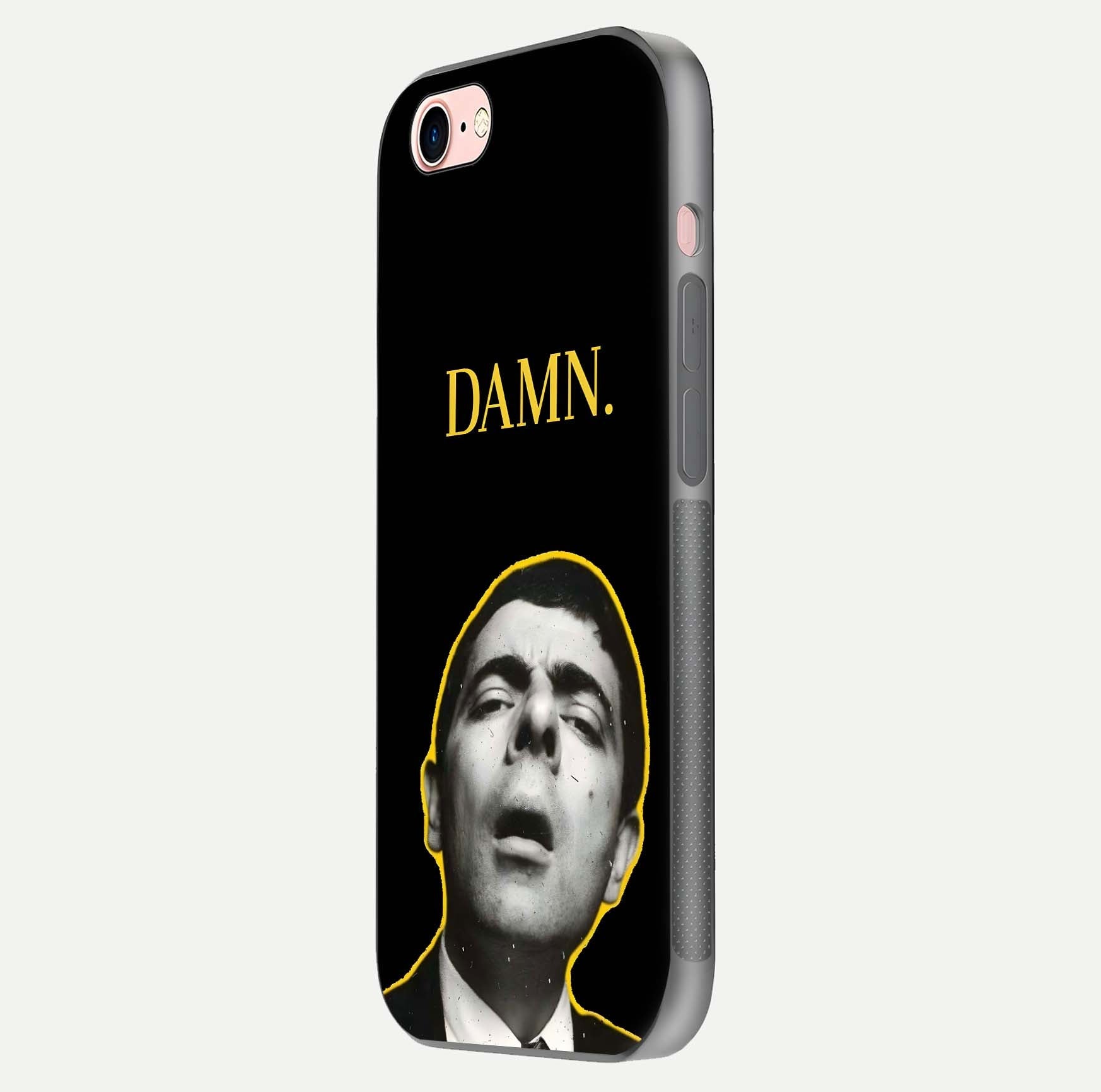 Mr Bean Damn Glass Case for iPhone 6 Plus side-angle image emphasizing HD print clarity and playful theme