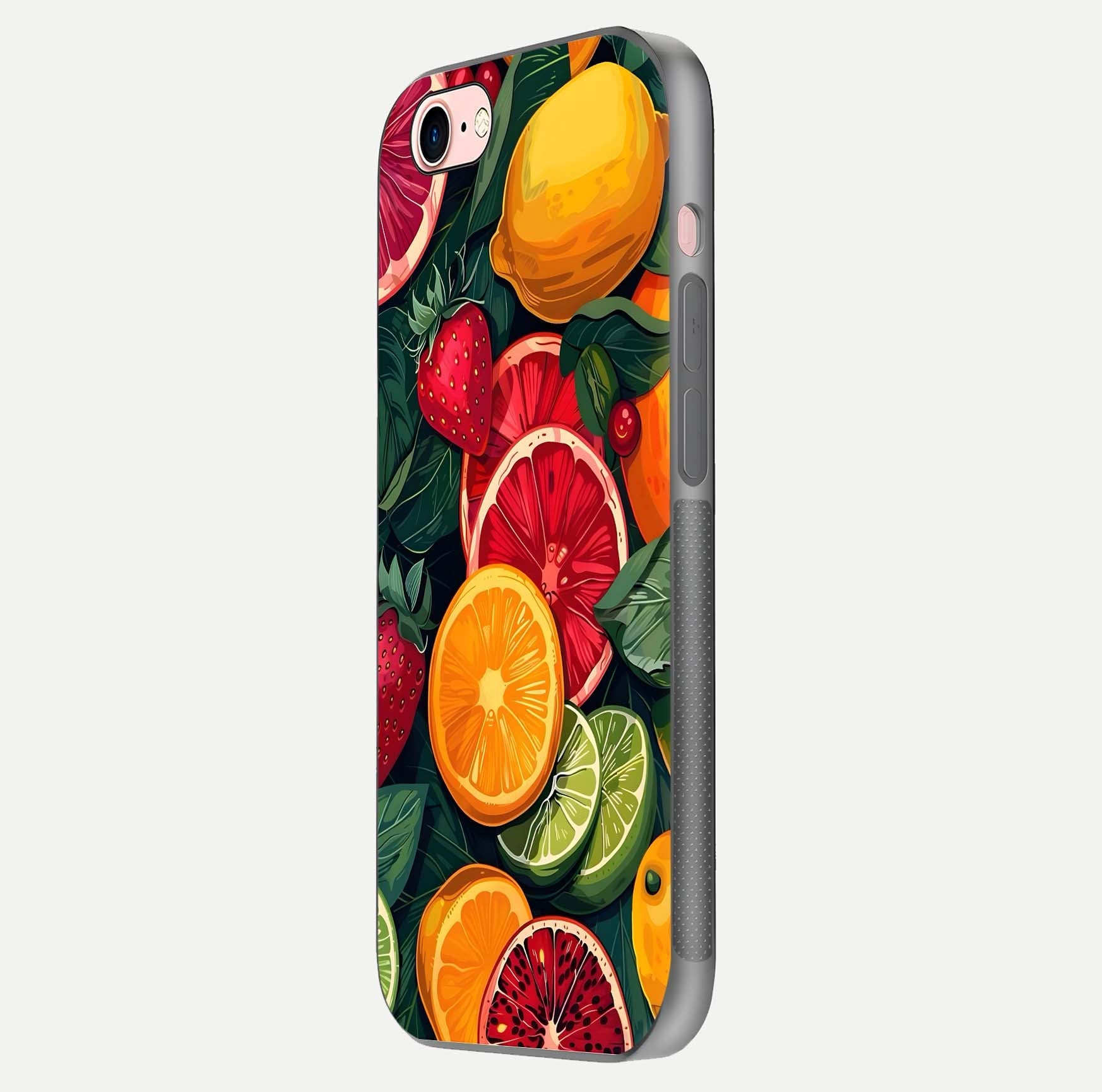 Multiple Fruits Glass Case for iPhone 6 Plus side-angle image showing glossy surface and vivid fruit pattern