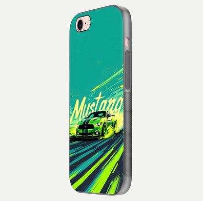Mustang Bang Glass Case for iPhone 6 Plus side-angle image showing reflection clarity and bold car artwork