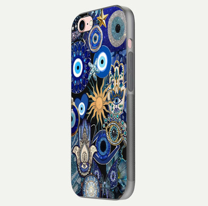 Mystic Blue Evil Eye Glass Case for iPhone 6 Plus side-angle image showing smooth gloss and charm design