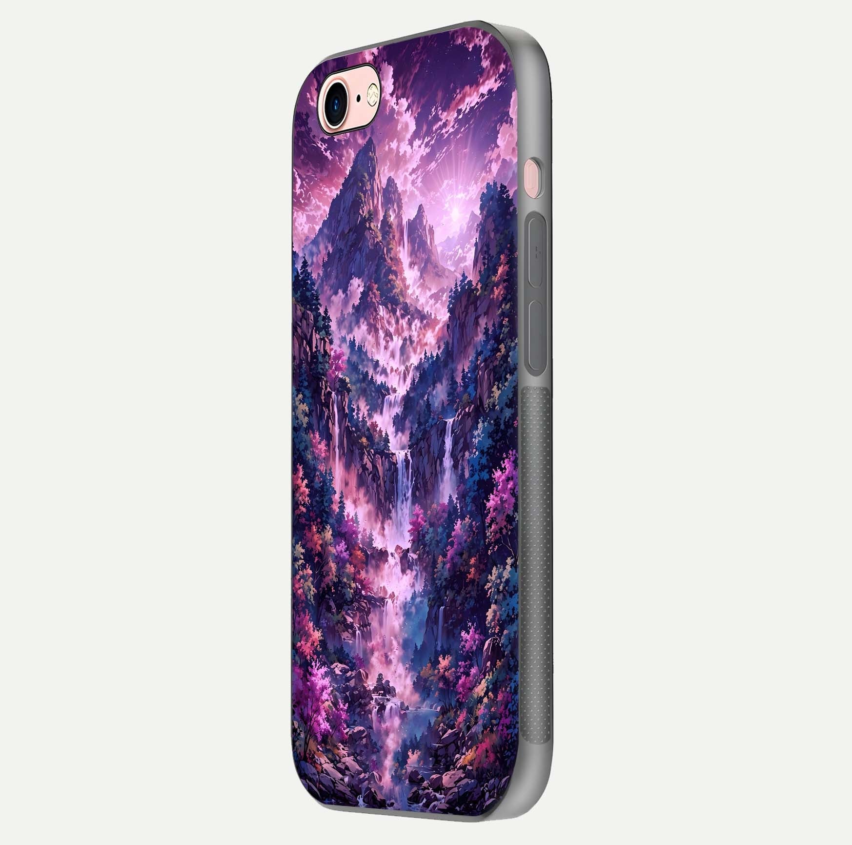 Mystic Cascade Peaks Glass Case for iPhone 6 Plus side-angle image showing reflection and scenic art clarity
