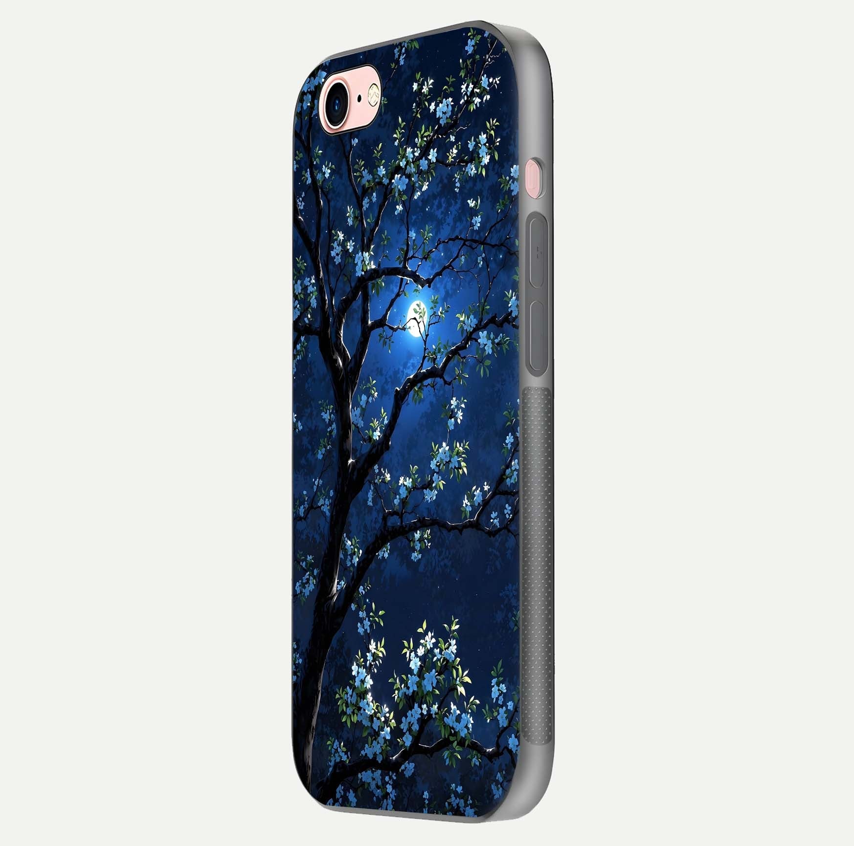 Mystic Floral Night Glass Case for iPhone 6 Plus side-angle image showing gloss surface and midnight floral tones