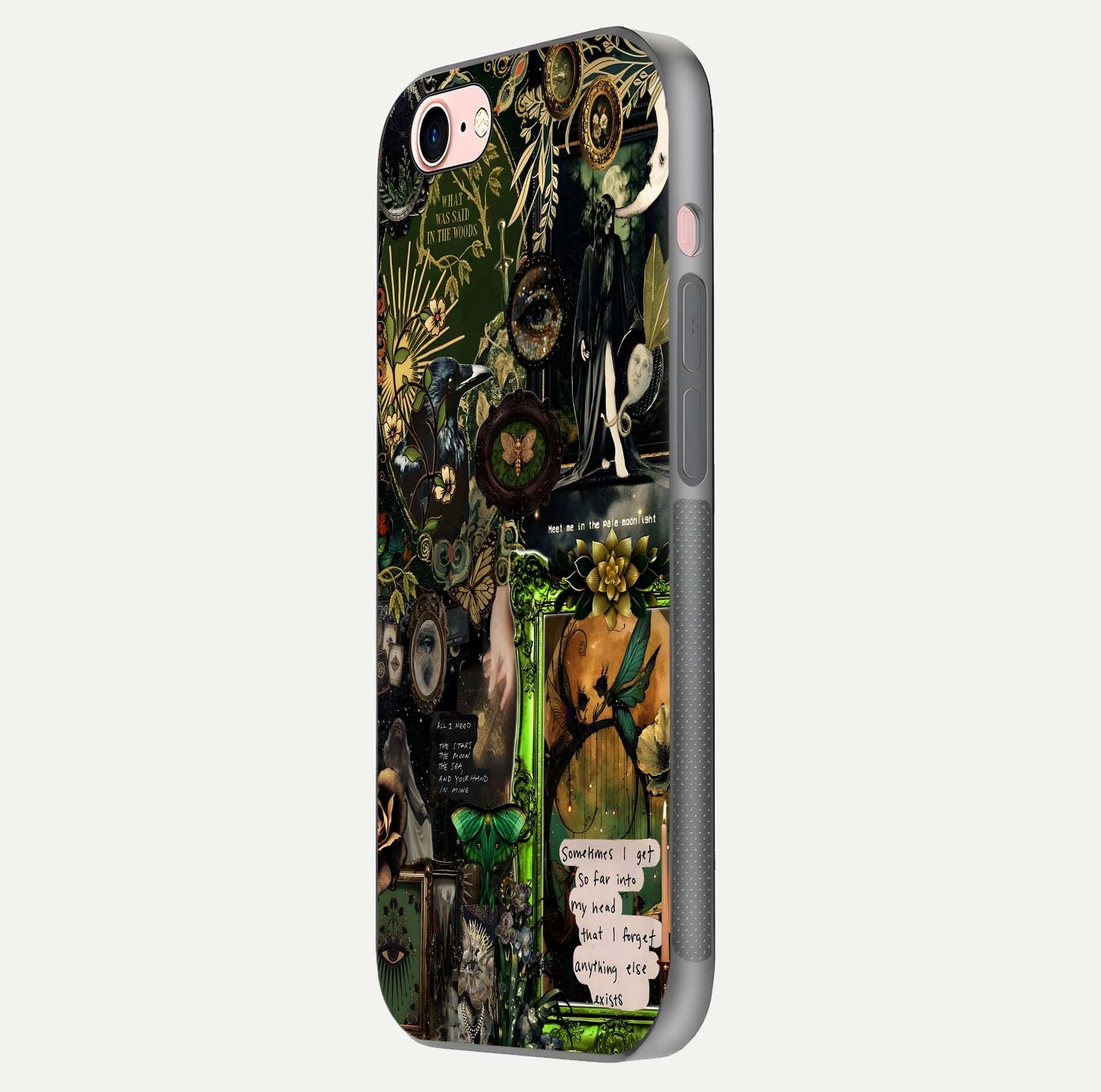 Mystic Woods Secret Glass Case for iPhone 6 Plus side-angle image showing gloss reflection and forest pattern