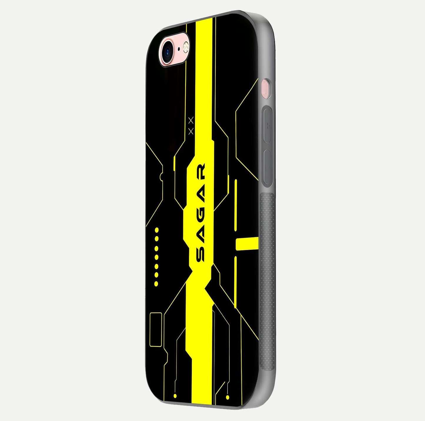 Neon CYBERPUNK Custom Name Glass Case for iPhone 6 Plus side-angle image showing glow depth and bold print