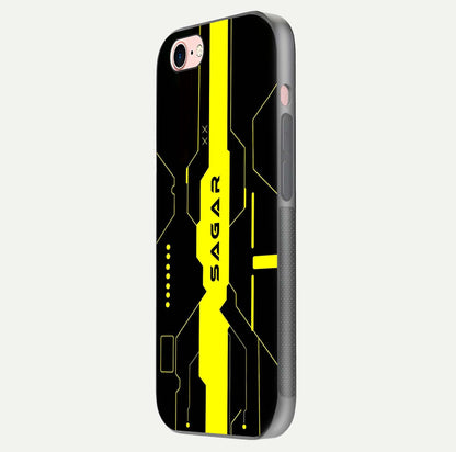 Neon CYBERPUNK Custom Name Glass Case for iPhone 6 Plus side-angle image showing glow depth and bold print