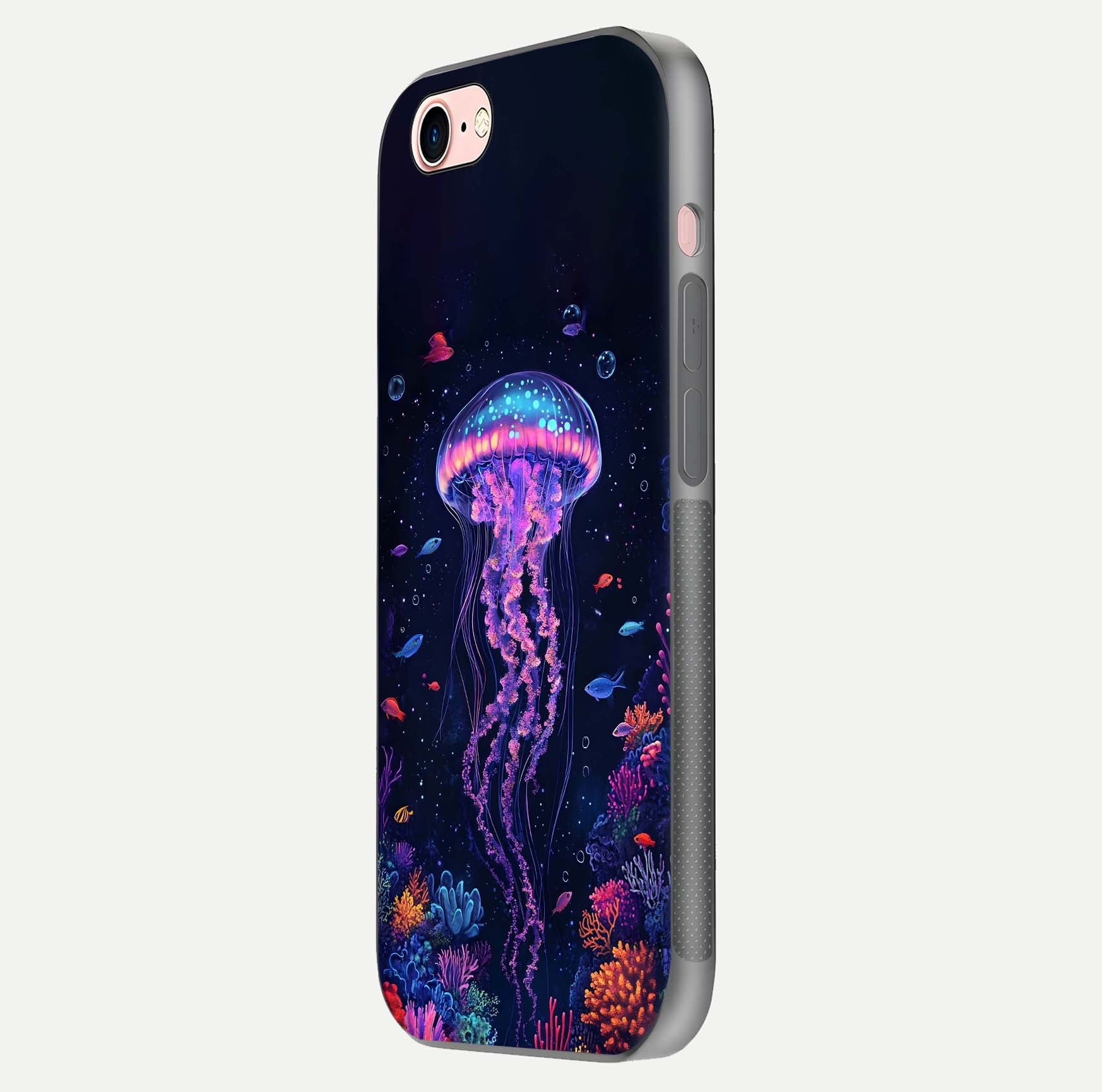 Neon Jellyfish Glass Case for iPhone 6 Plus side-angle image showing reflection and oceanic light detailing