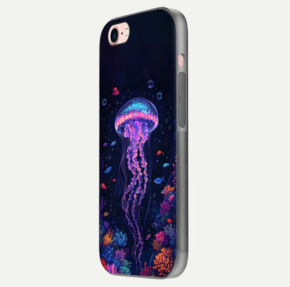 Neon Jellyfish Glass Case for iPhone 6 Plus side-angle image showing reflection and oceanic light detailing