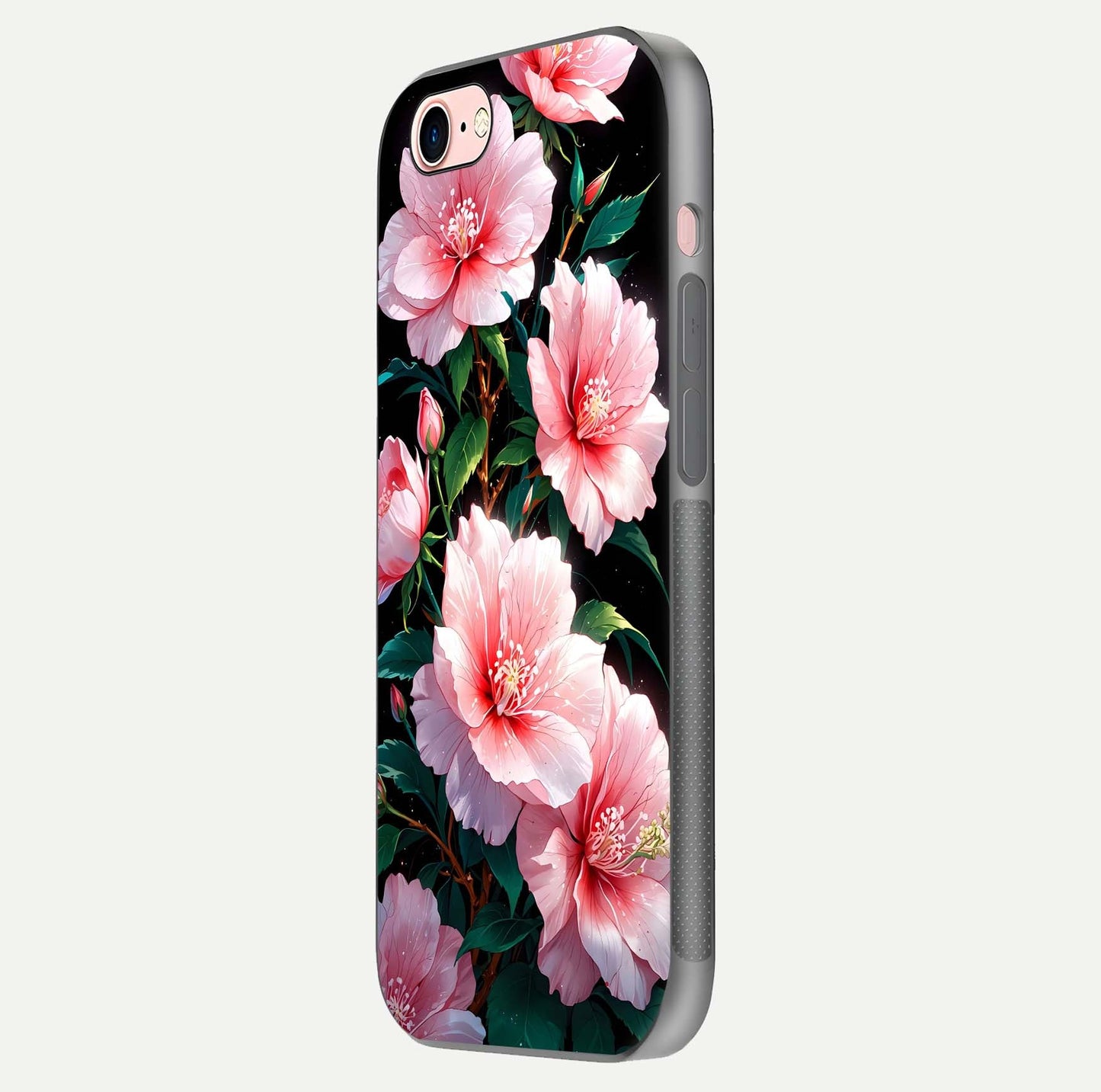 Peach Flower Glass Case for iPhone 6 Plus side-angle image showing gloss depth and peach blossom detail