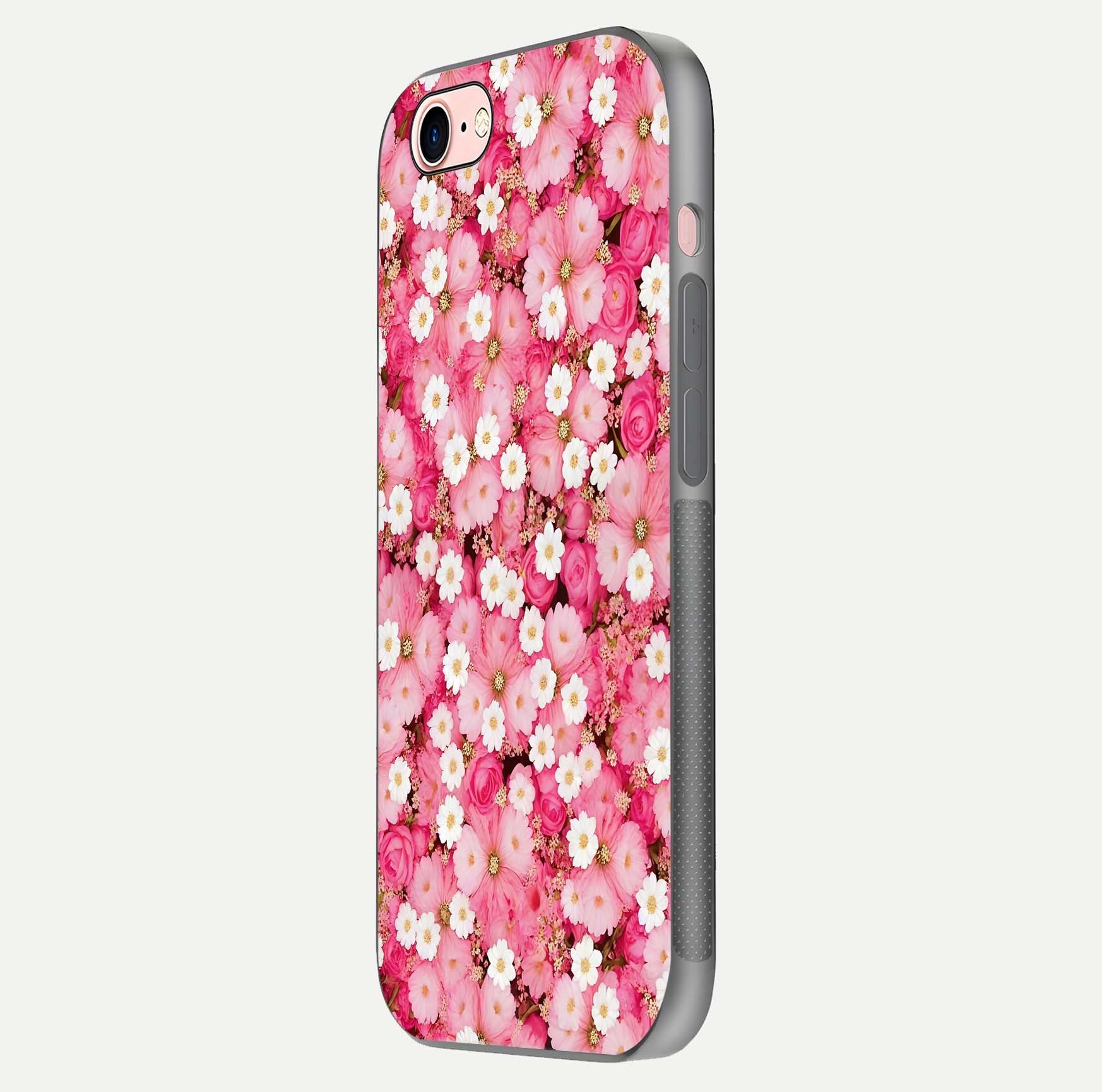 Pink Daisy Bliss Glass Case for iPhone 6 Plus side-angle image showing delicate daisy pattern and glass reflection