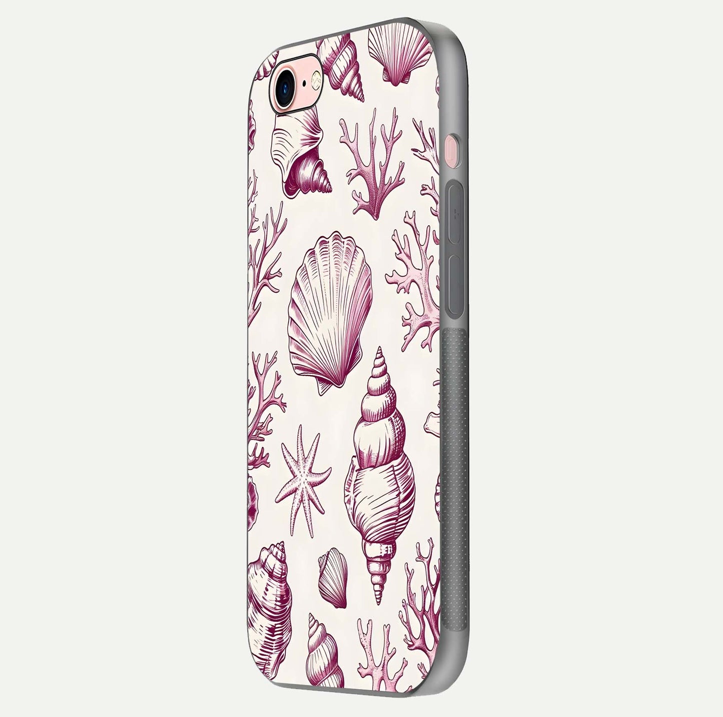 Pink Shells Outline Glass Case for iPhone 6 Plus side-angle image showing shine and intricate outline texture