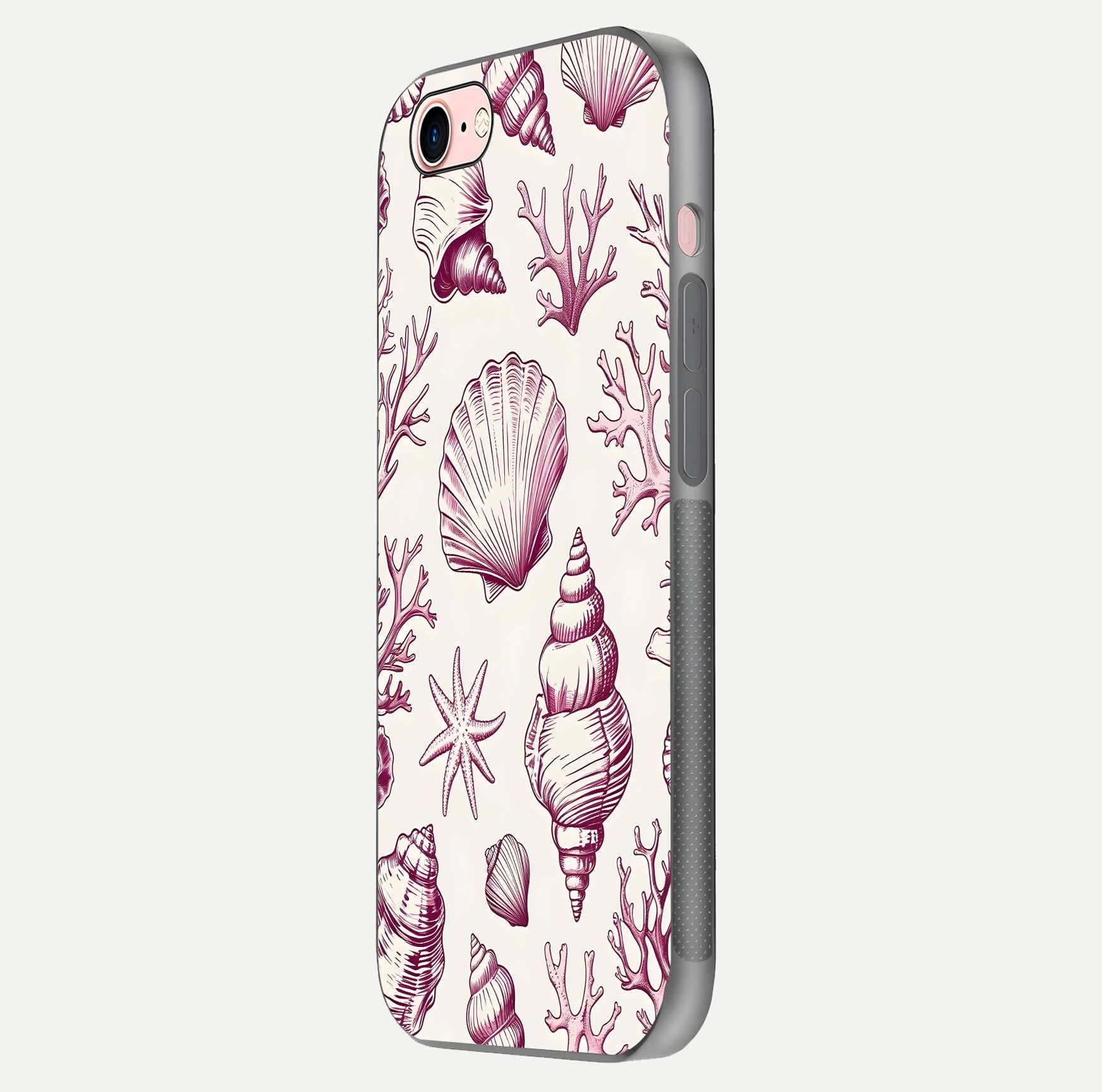 Pink Shells Outline Glass Case for iPhone 6 Plus side-angle image showing shine and intricate outline texture
