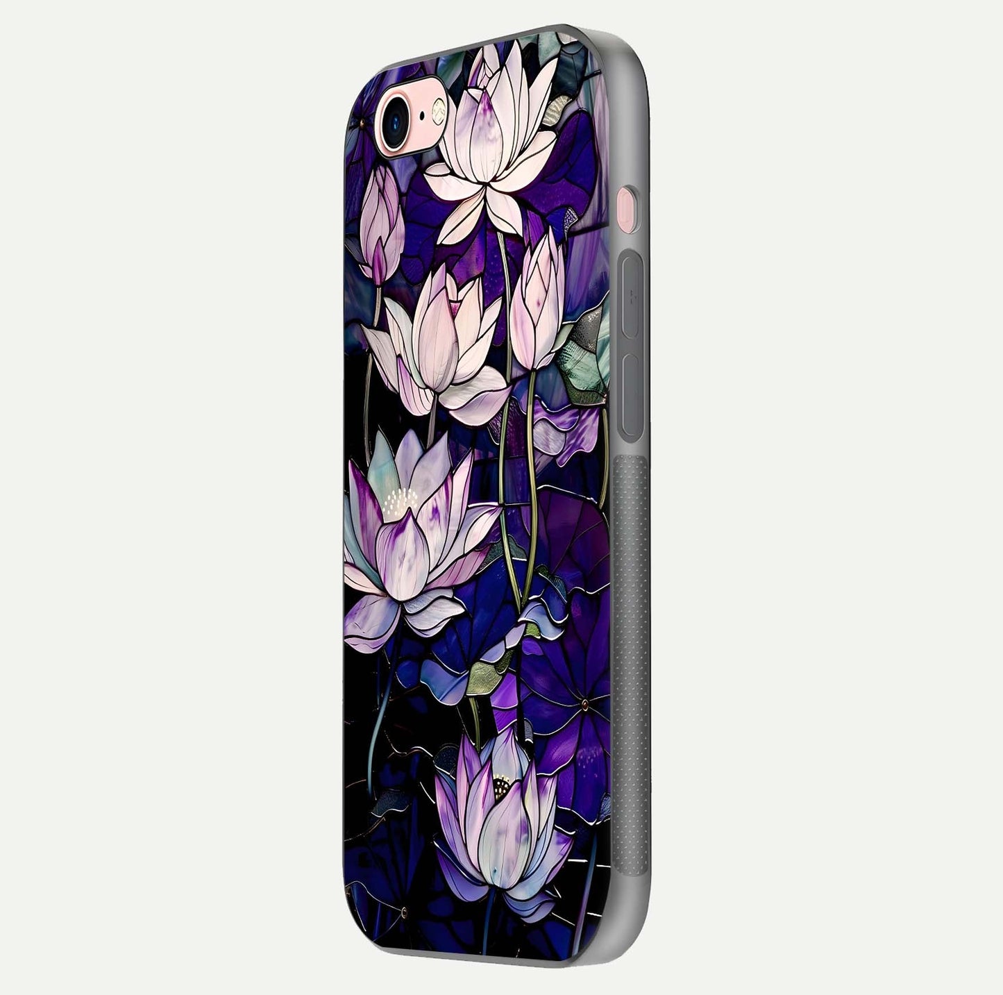 Purple Lotus Pattern Glass Case for iPhone 6 Plus side-angle image showing reflection depth and lotus detail